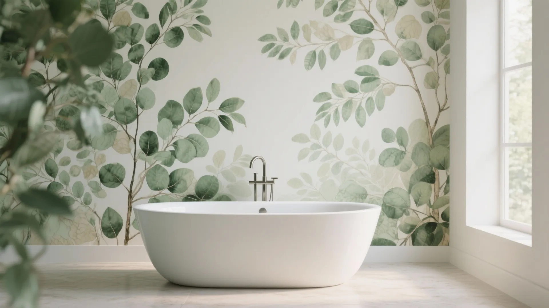 White bathtub in front of a wall with green leaf patterns next to a window