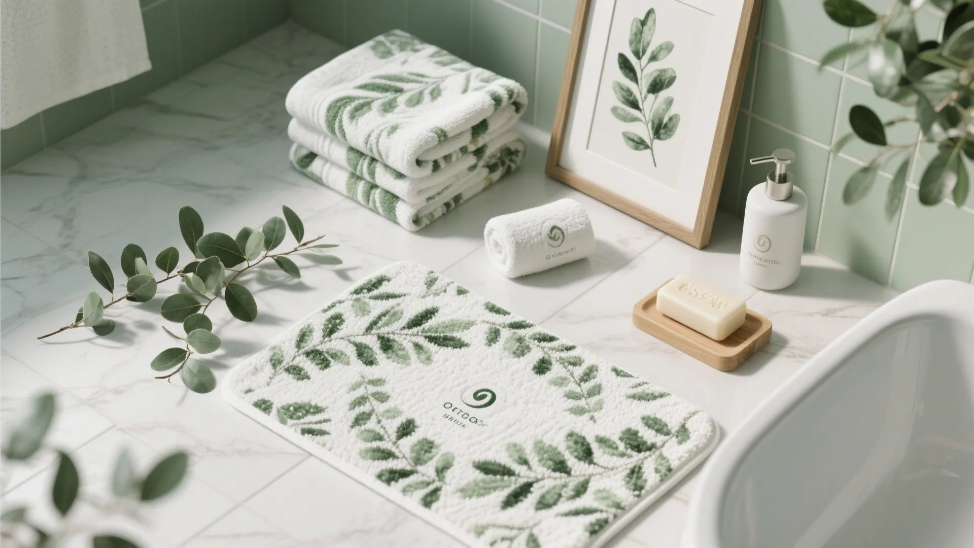 Bathroom counter with leaf pattern towels soap dispenser soap bar small rug and green plant