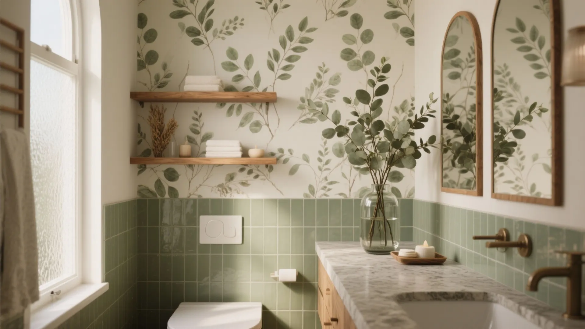 Modern bathroom with green wall tiles, floral wallpaper, wooden shelves, marble counter, and gold faucets