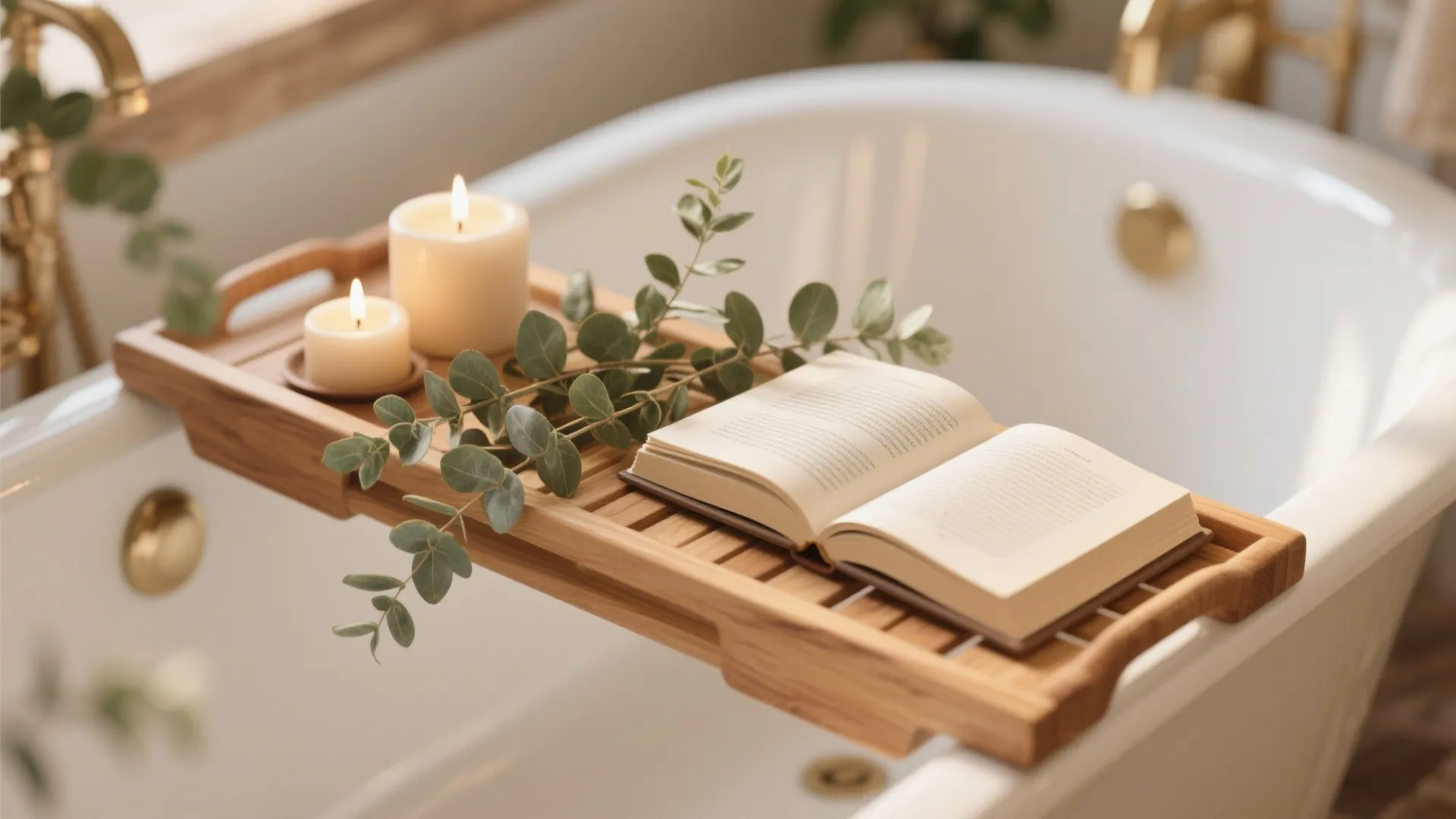 Wooden bathtub tray holding an open book with two lit candles and green leaf branches