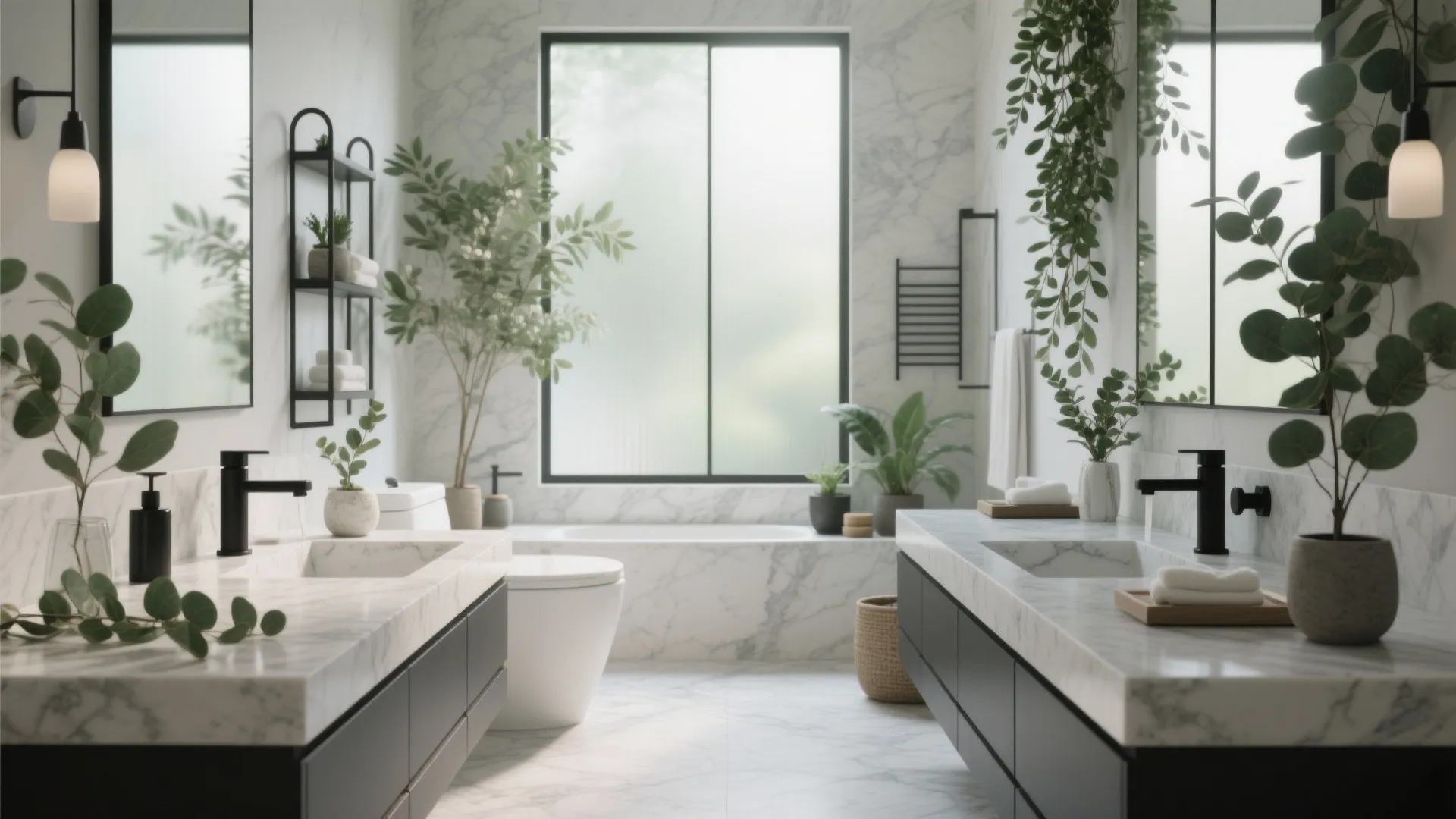 Luxury marble bathroom featuring double sinks black faucets green plants wall lights and a bathtub