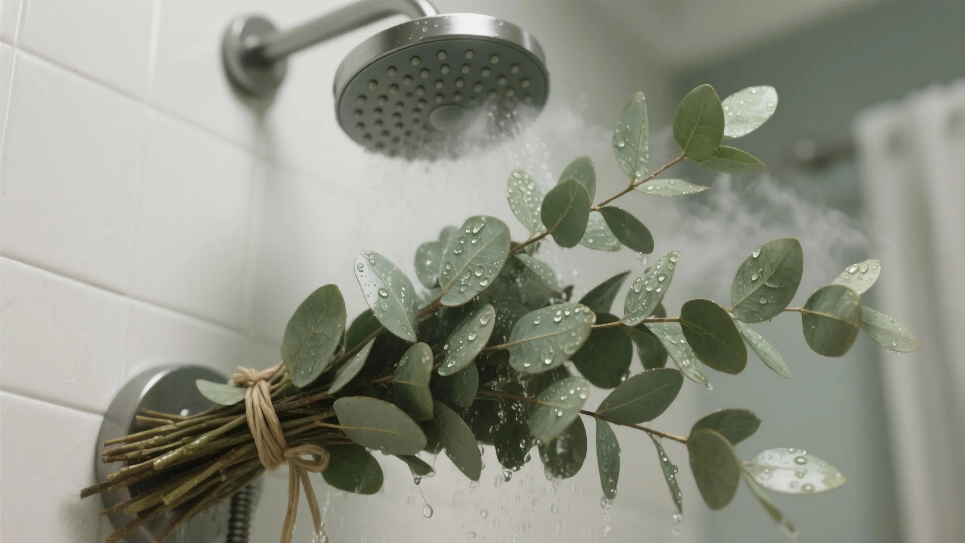 A bundle of green leaves hanging from a shower head with water spraying on them