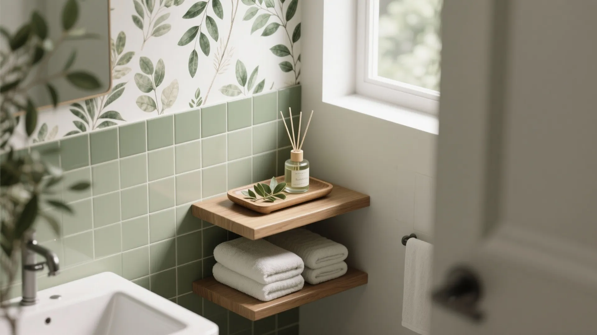 Green bathroom wall with wooden shelves holding white towels and a small glass bottle diffuser