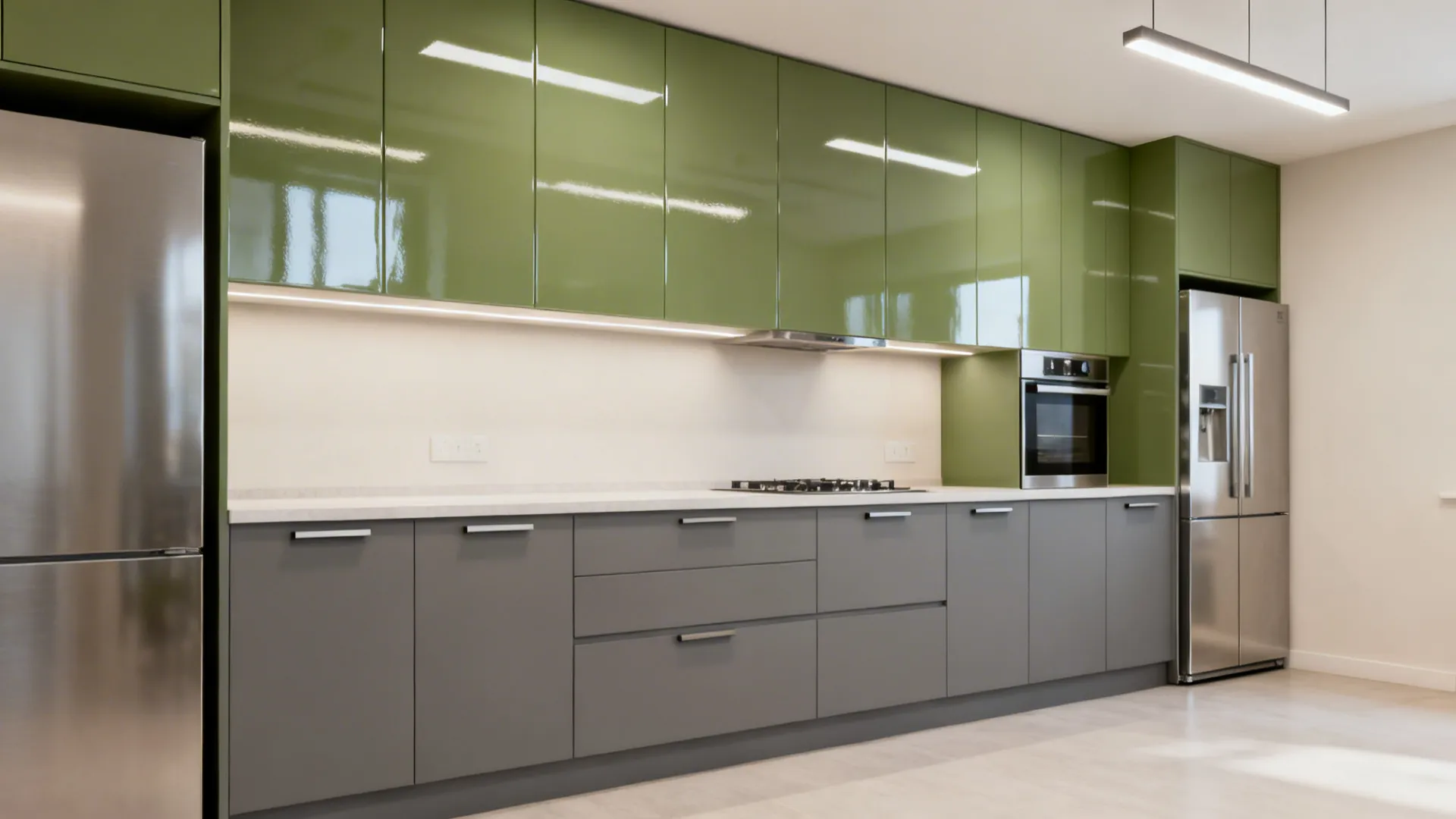 Modern kitchen featuring glossy green upper cabinets and matte grey lower cabinets with stainless steel appliances