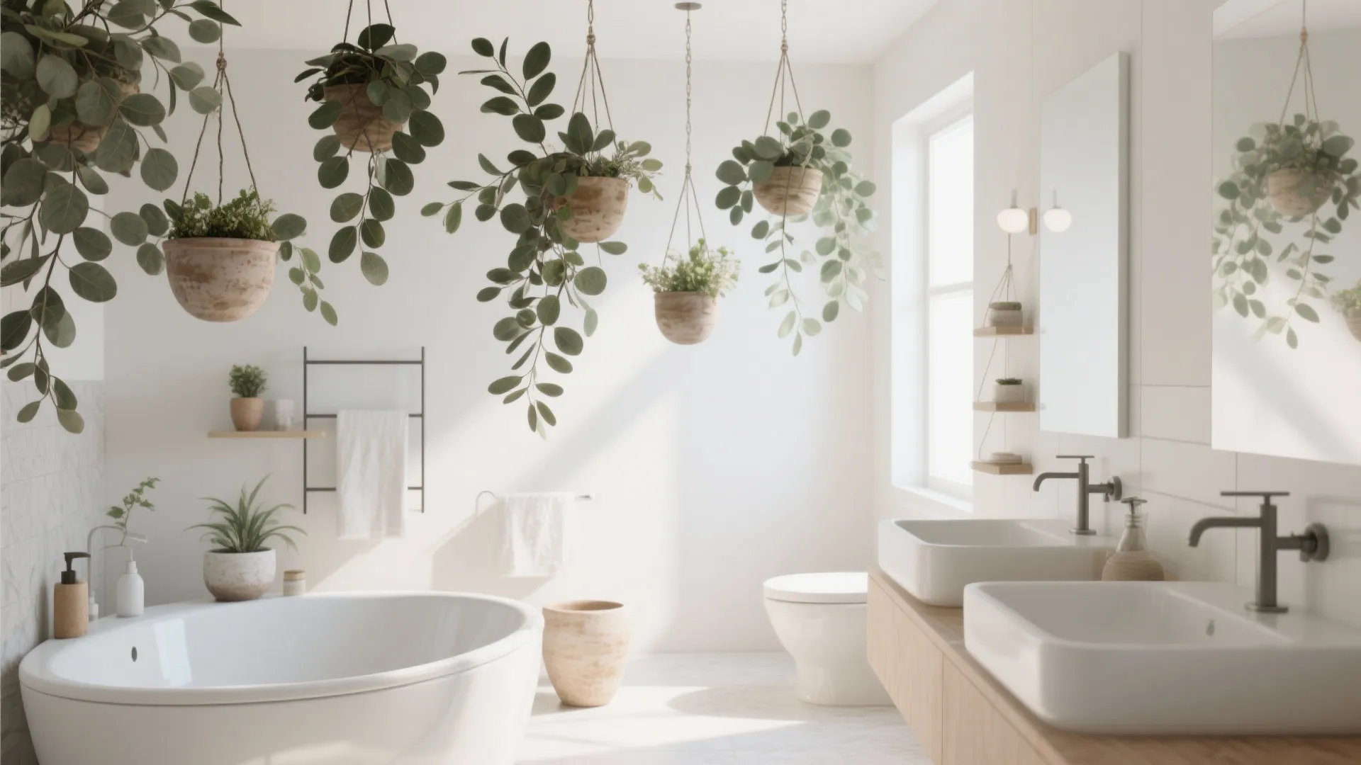 Bright white bathroom with many hanging green plants plus a bathtub and double sink vanity