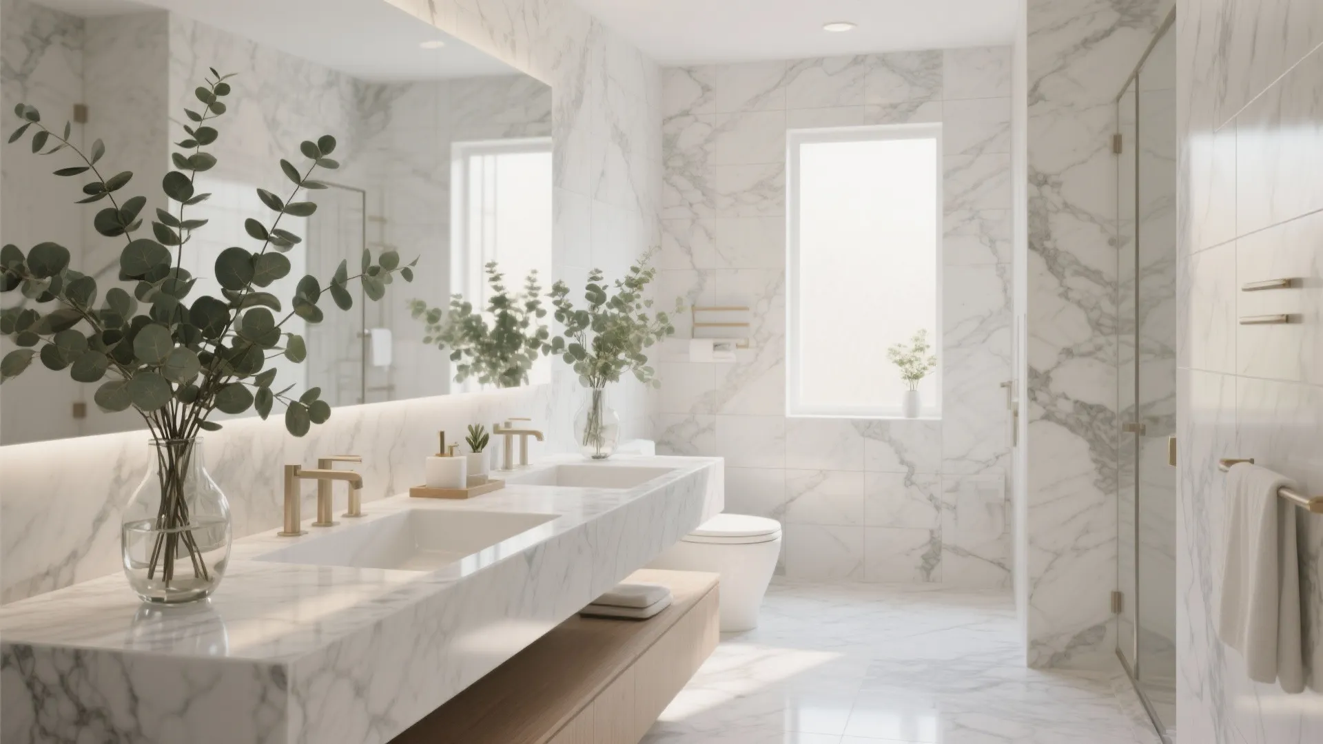 Modern white marble bathroom with double sink vanity large mirror and green plant in vase