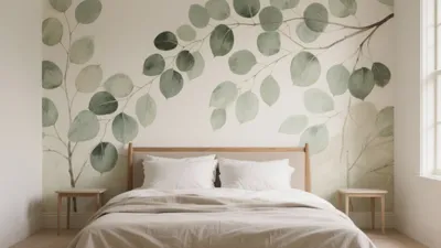 Serene Bedroom with Botanical Wall Mural