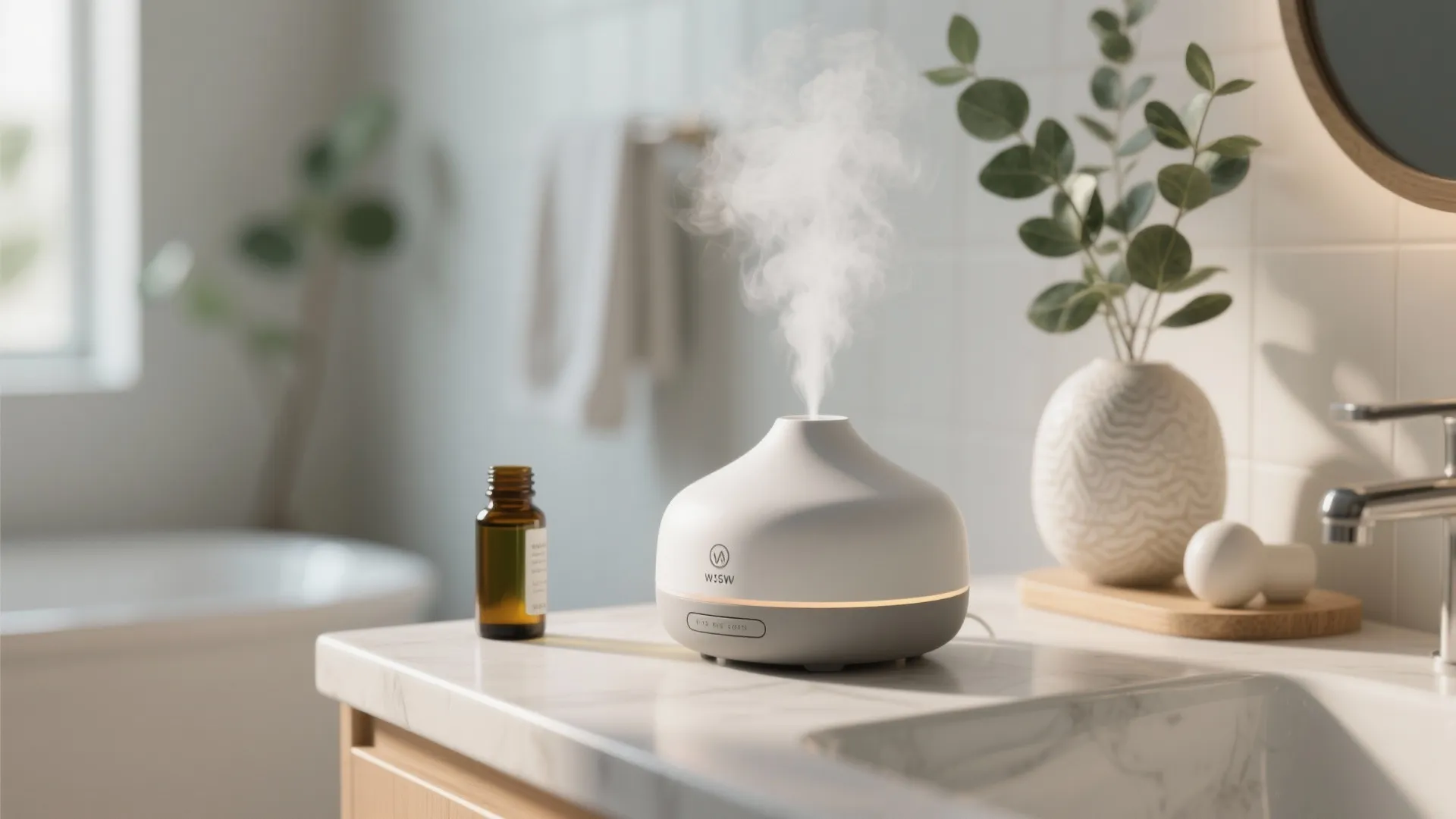 White scent diffuser on marble counter with steam next to bottle and green plant leaves