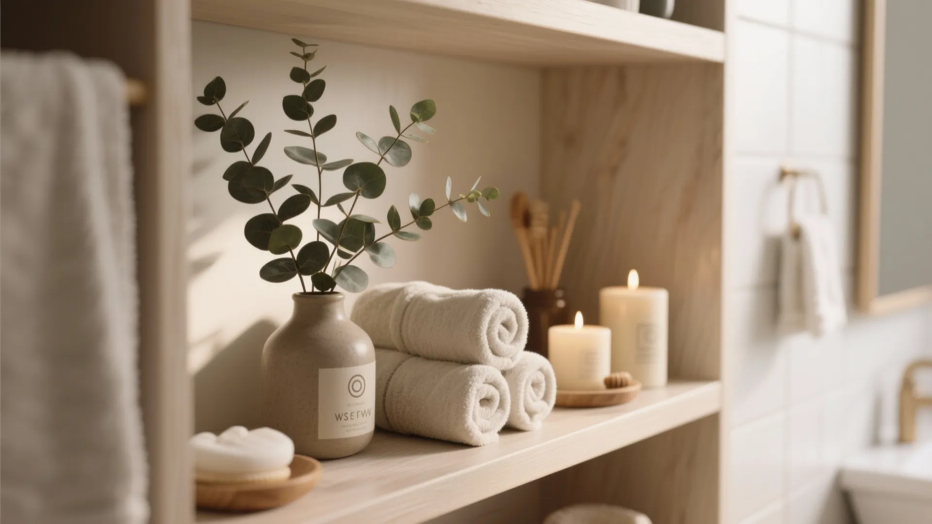 Wooden bathroom shelf with rolled white towels green plant in vase and two burning candles