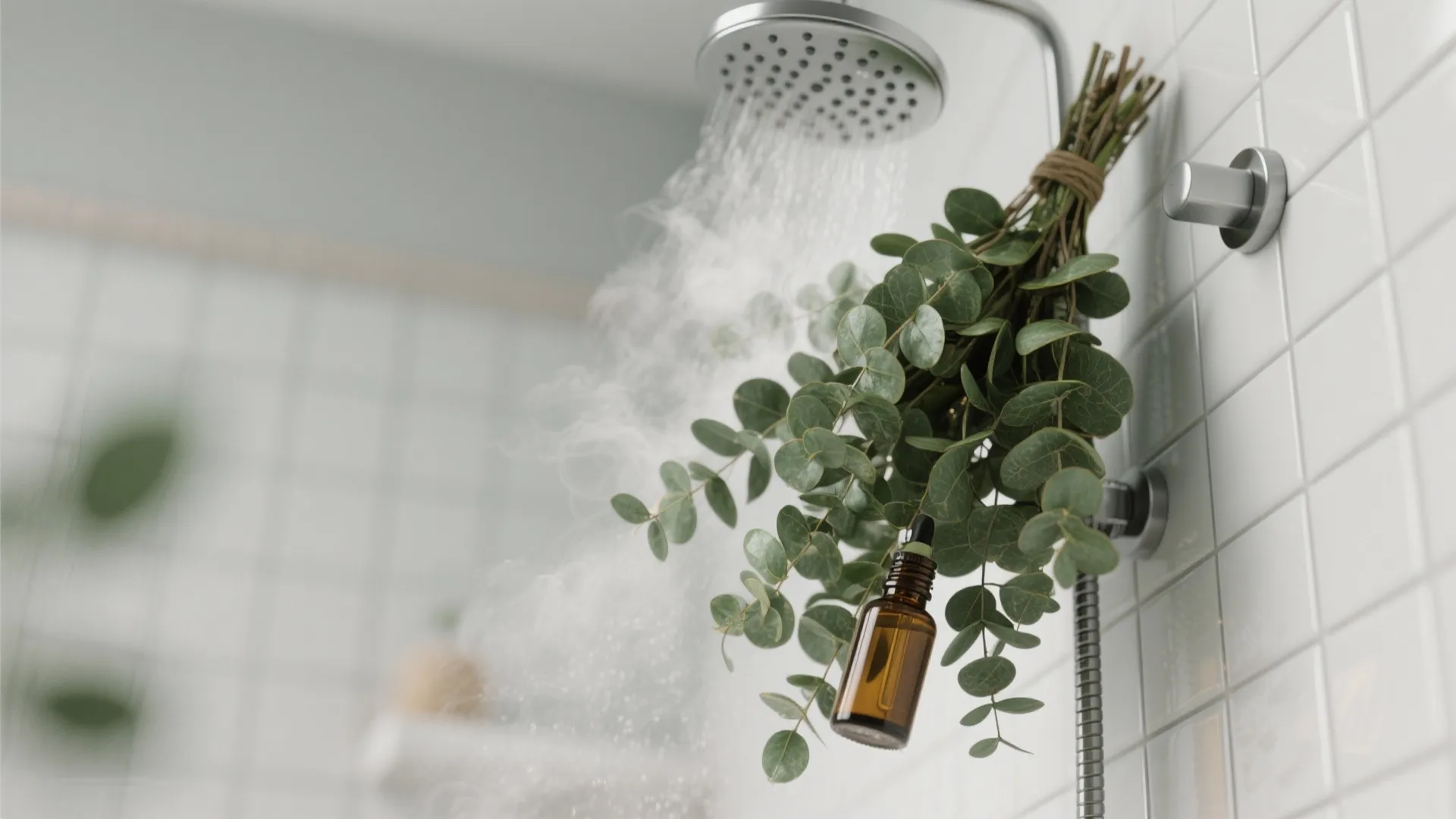 Fresh green leaves hanging from a shower head with running water in a white bathroom