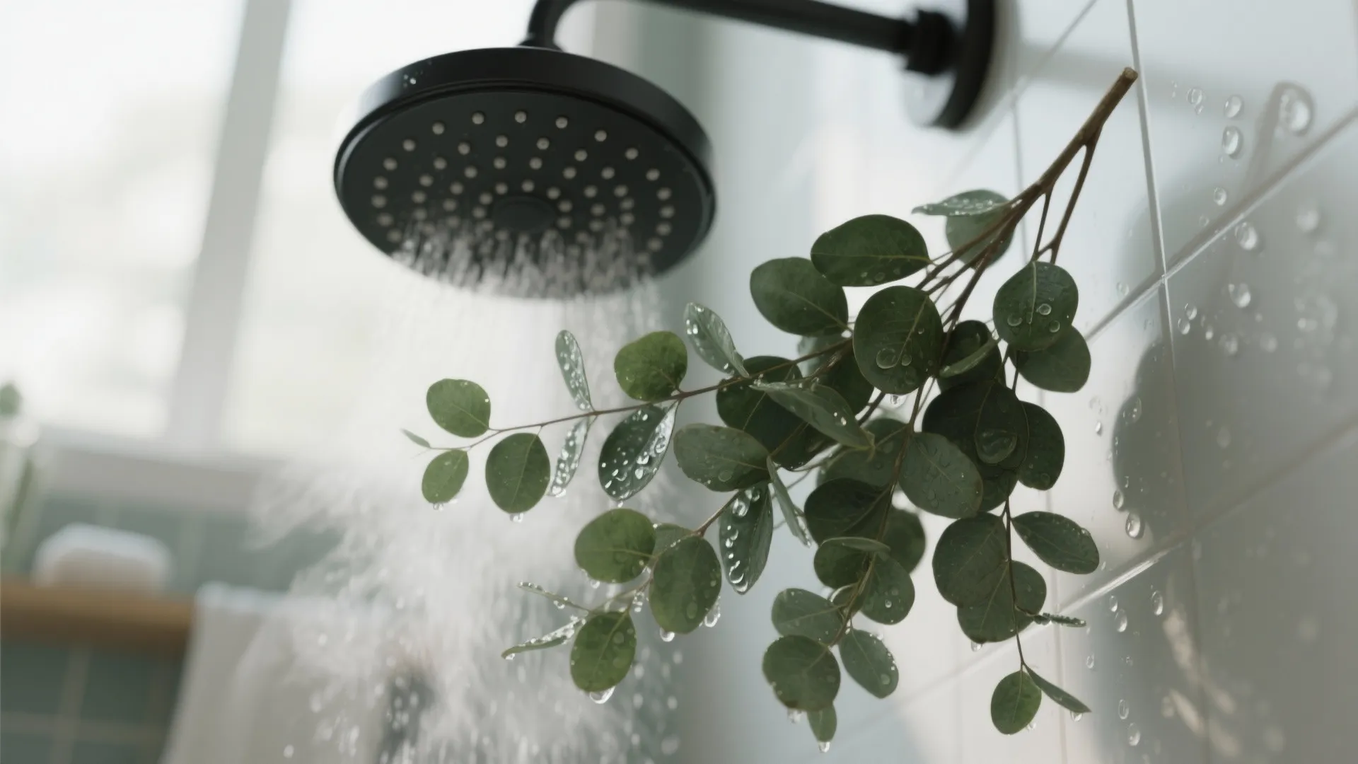 Black shower head spraying water over fresh green eucalyptus leaves hanging on a white wall