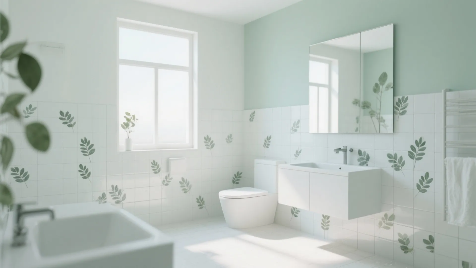 Modern bathroom featuring white tiles with green leaf patterns and a simple white floating cabinet