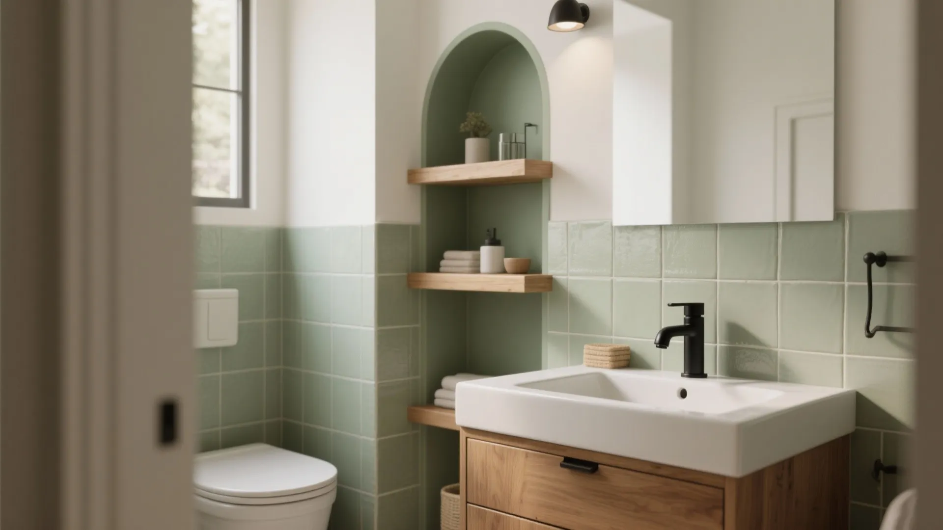 Modern bathroom with green tiles, white sink, wooden cabinet, arched wall shelves, and black faucet