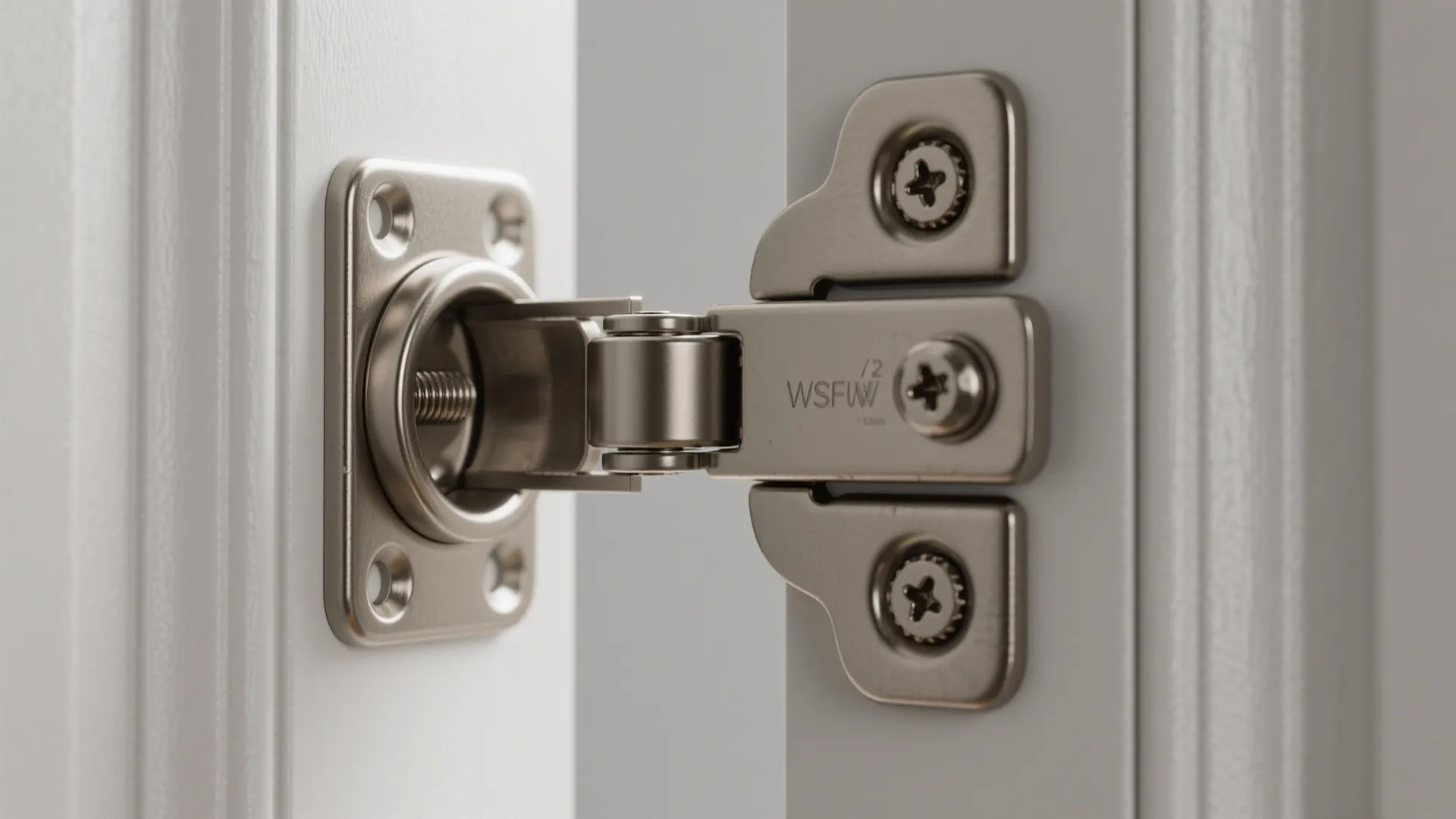 Close up of metal door hinge installed on white cabinet door with screws and adjustable parts