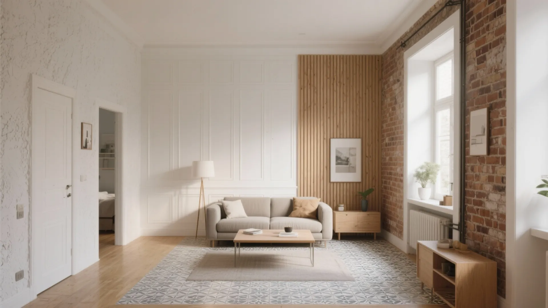 Living room featuring white wall panel wood slats brick wall sofa and grey patterned rug
