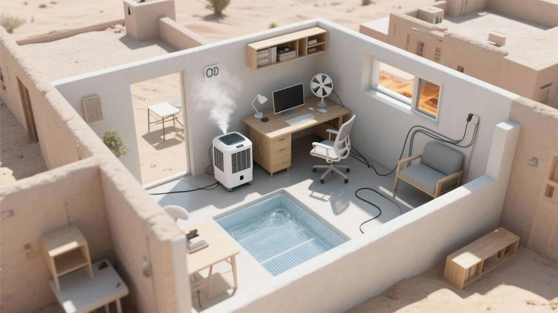 Desert room layout with wooden desk, office chair, air cooler, and floor level water feature