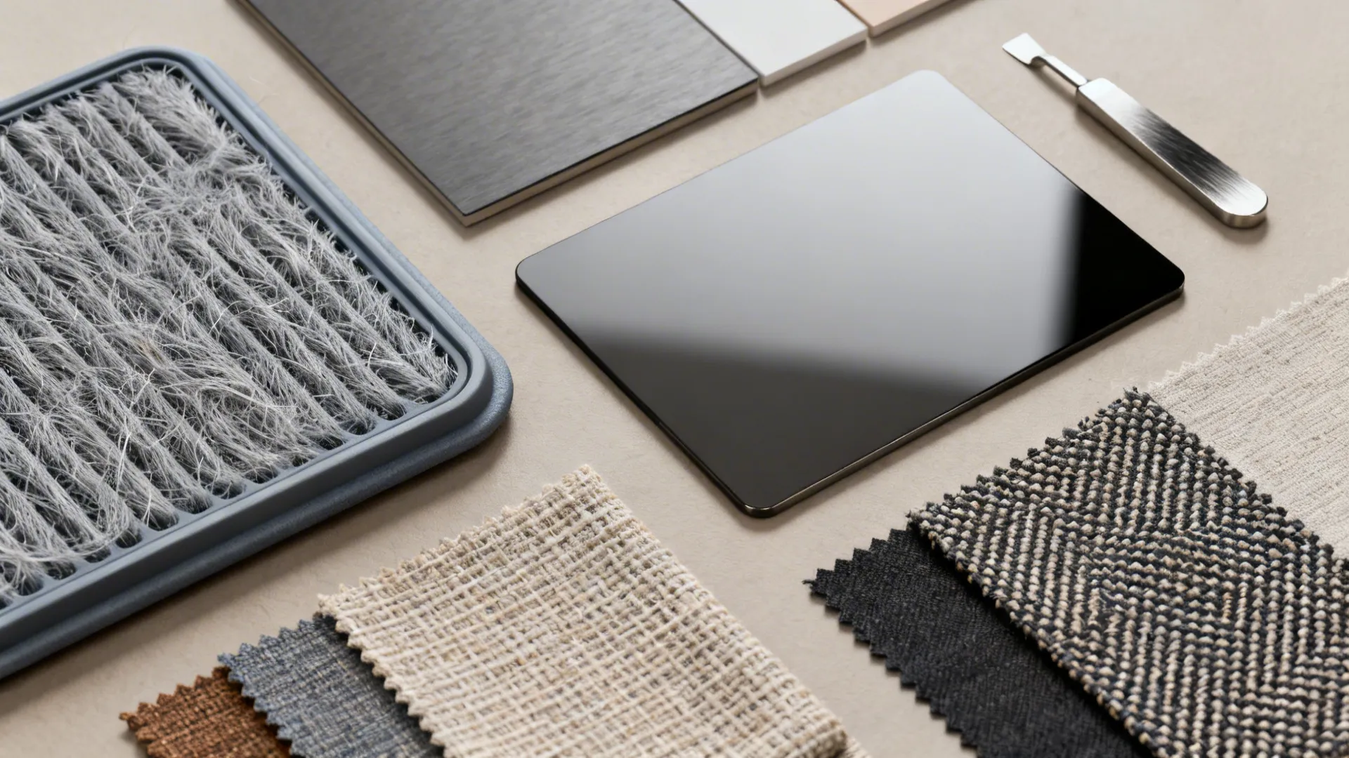 Flatlay of evaporative cooler swappable cooling pads and panel samples on a table