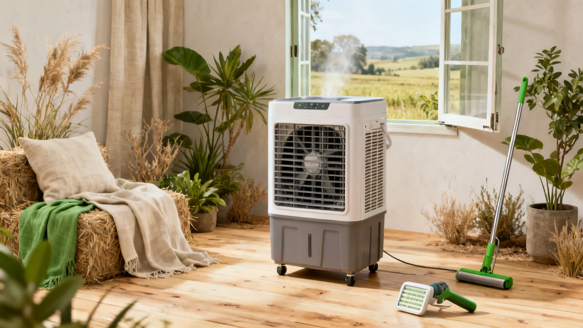 Compact evaporative cooler in a bright dry-climate studio with natural decor.