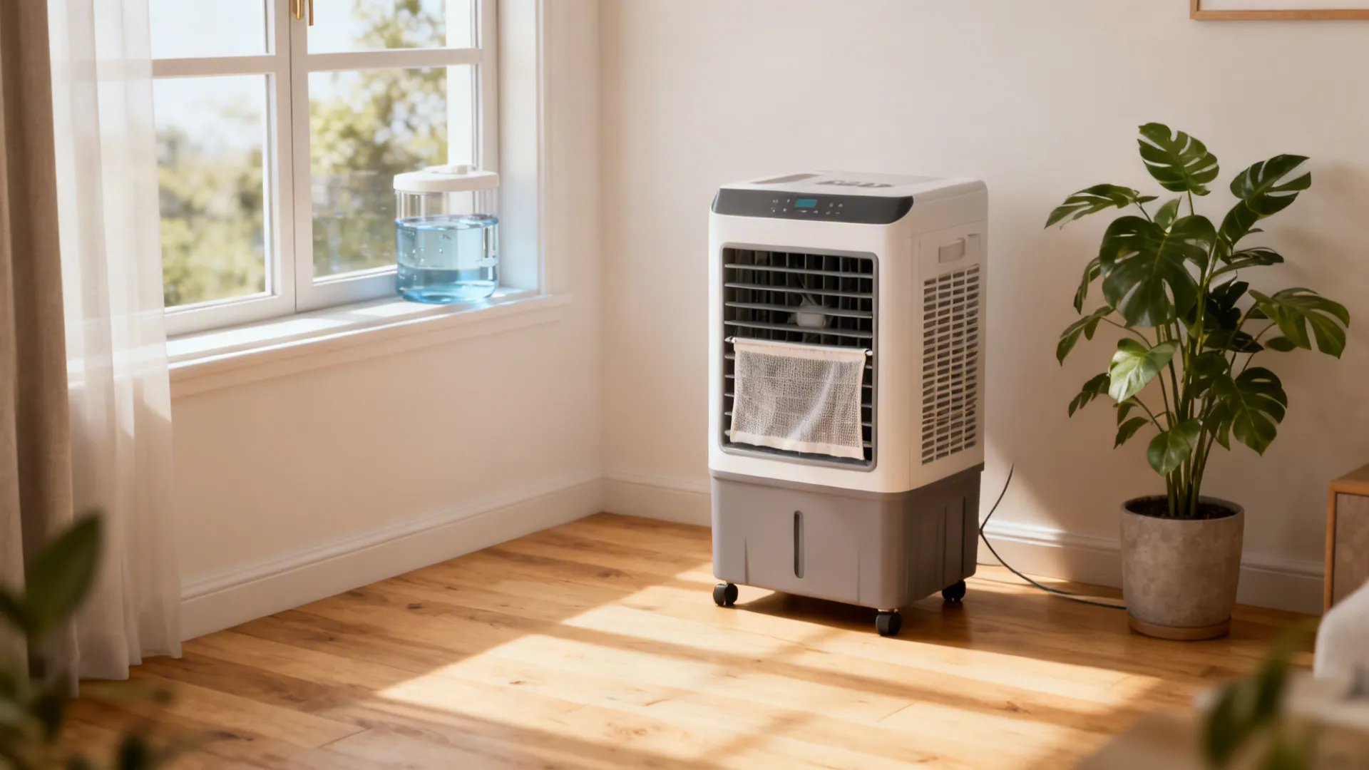 Compact evaporative cooler in a small sunlit room with a nearby plant