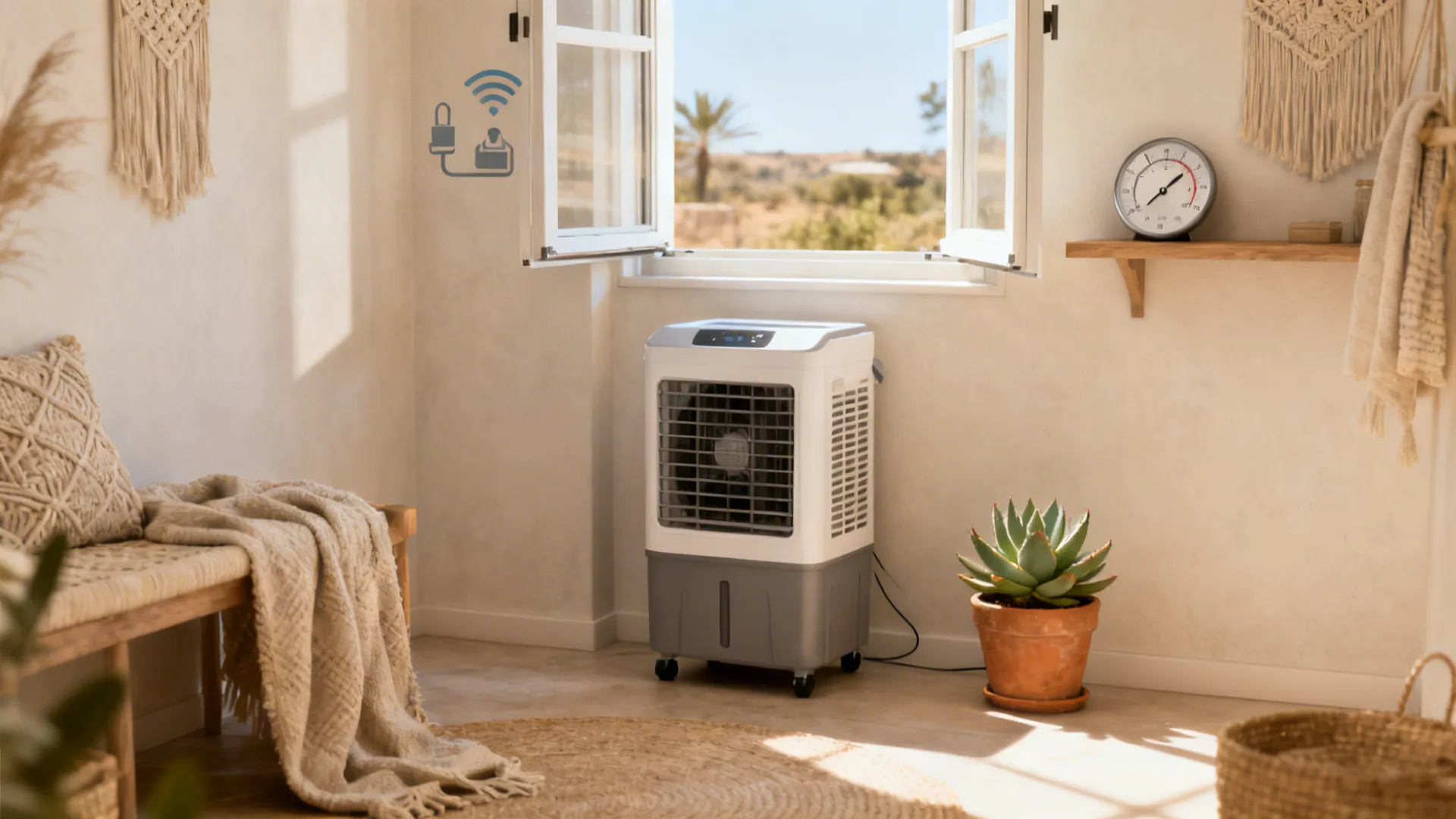 Small room with an evaporative cooler by an open window and eco-friendly decor for dry climates.