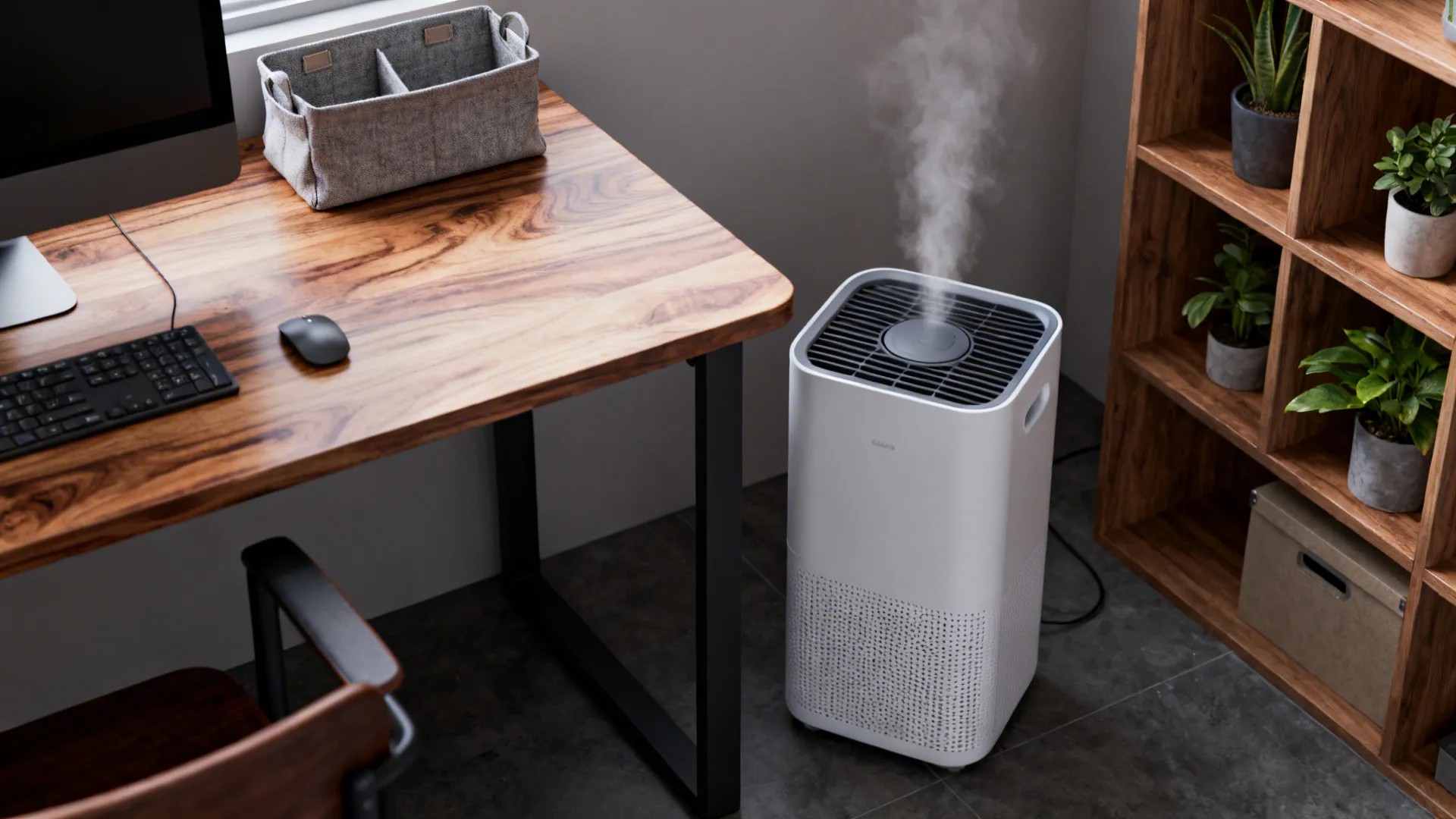 Evaporative humidifier near a wooden desk in a small home office with proper airflow
