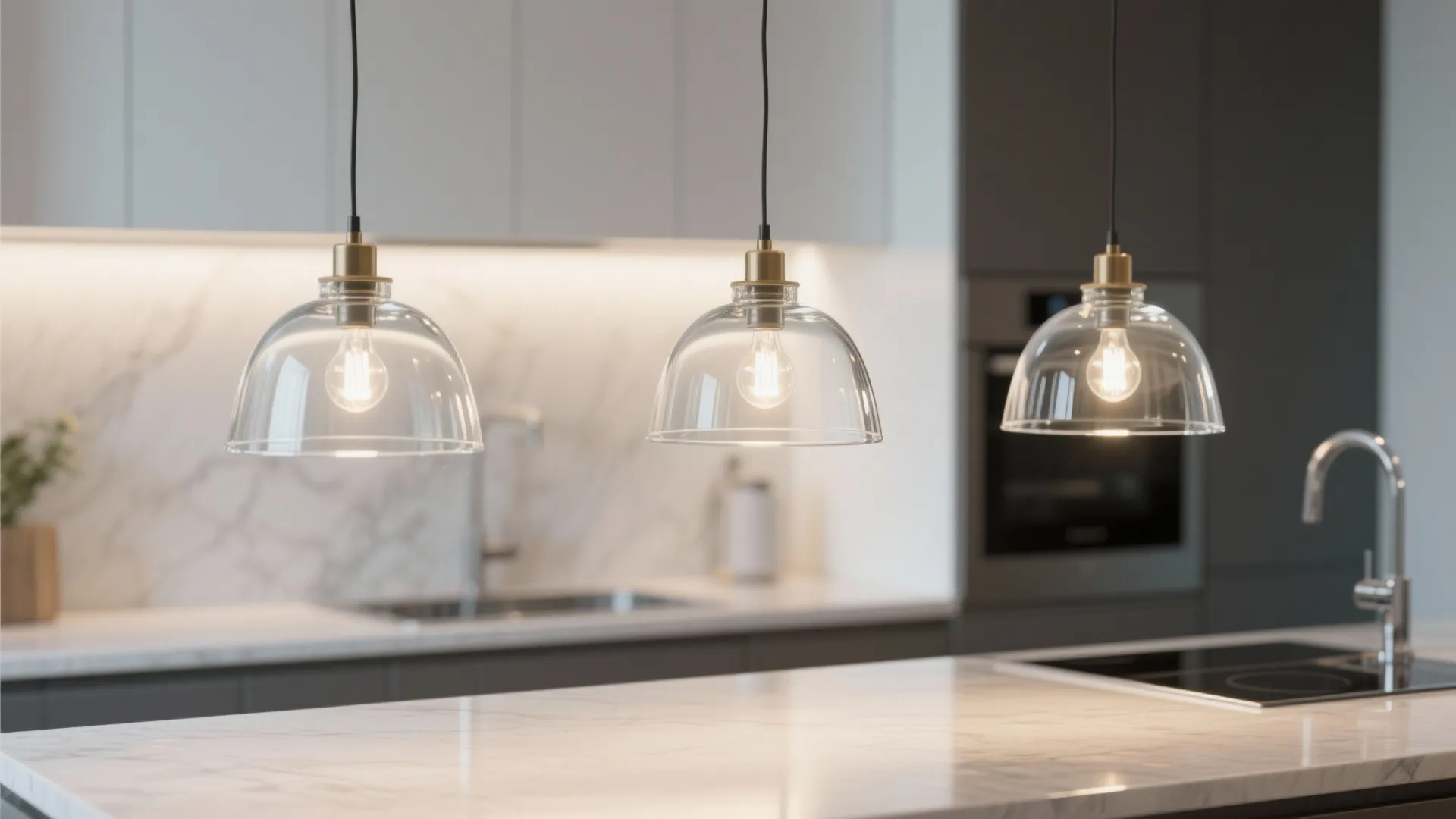 Three glass ceiling light fixtures hanging over a white marble kitchen island in modern home