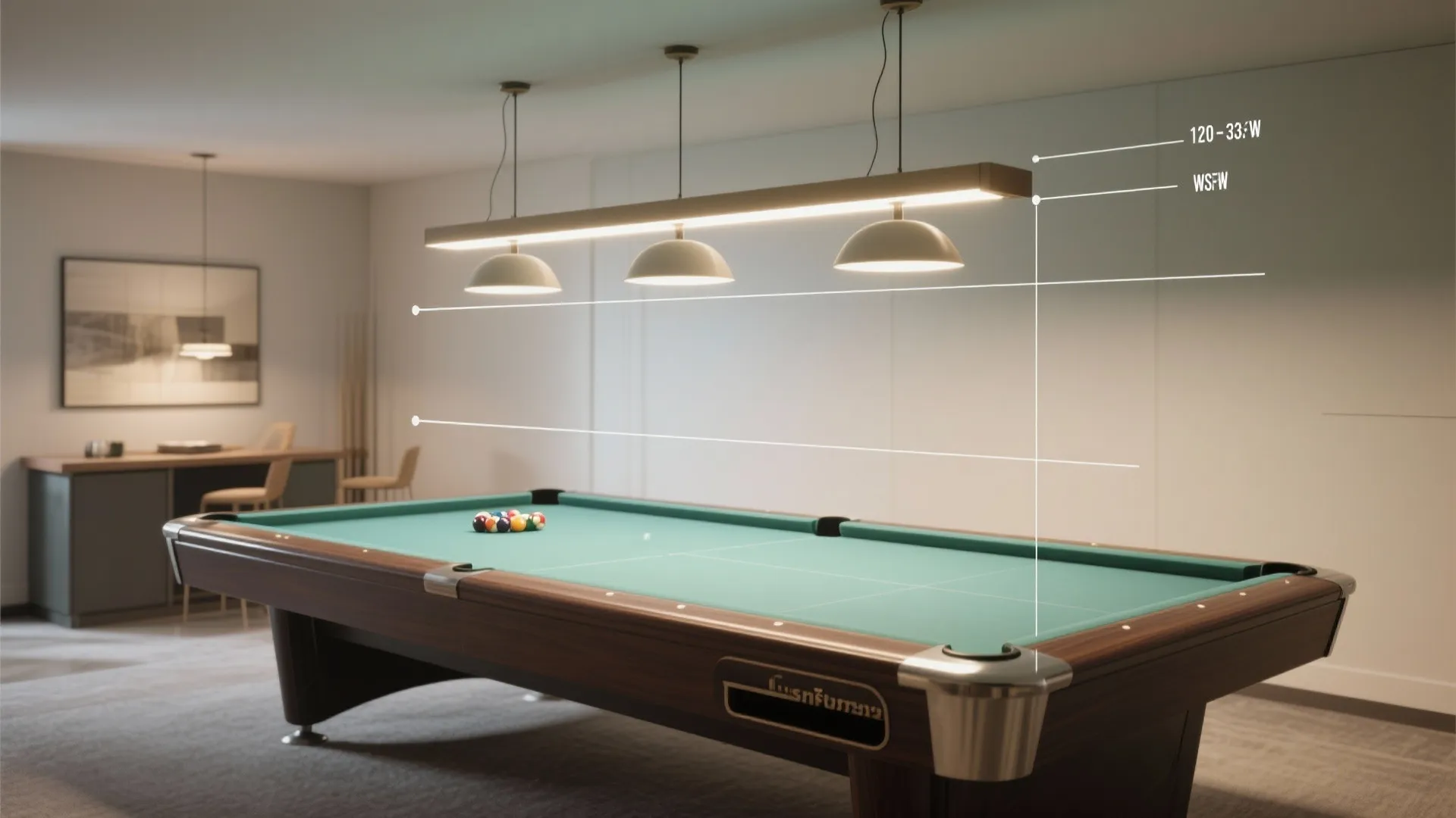 Modern pool table featuring three pendant light fixtures and horizontal lines indicating proper light distribution height
