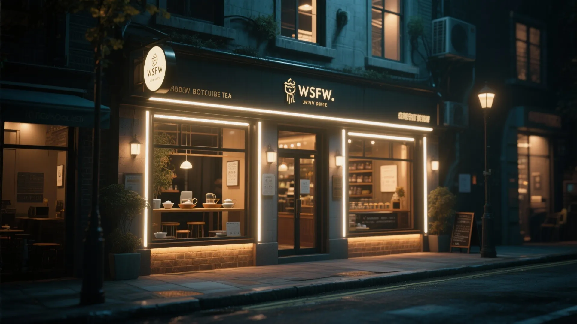 Tea shop storefront at night featuring warm yellow light around large glass windows and dark walls