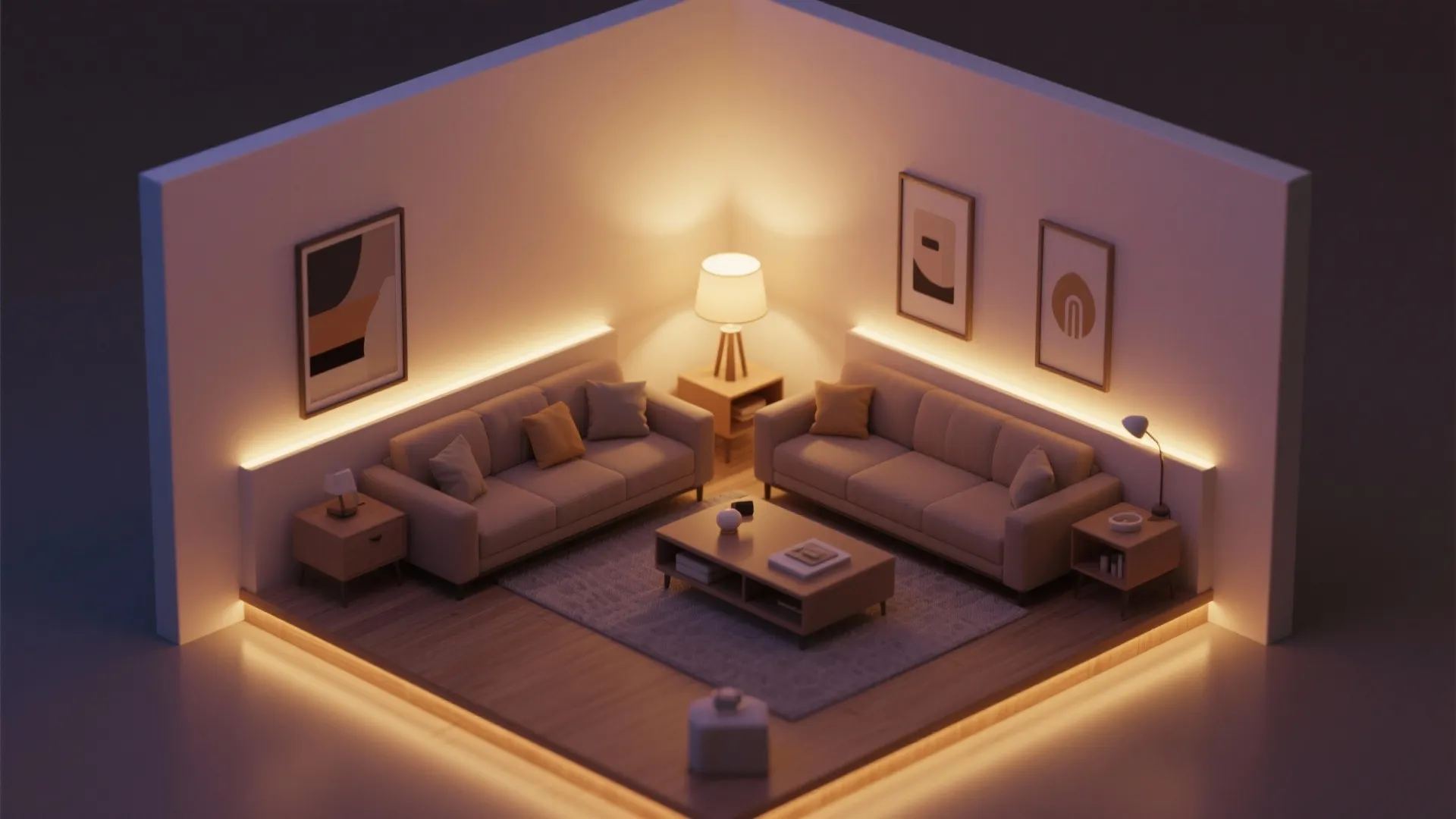 Top-down visualization of evening layered lighting with ambient dimmed, task near seating, and soft accents.