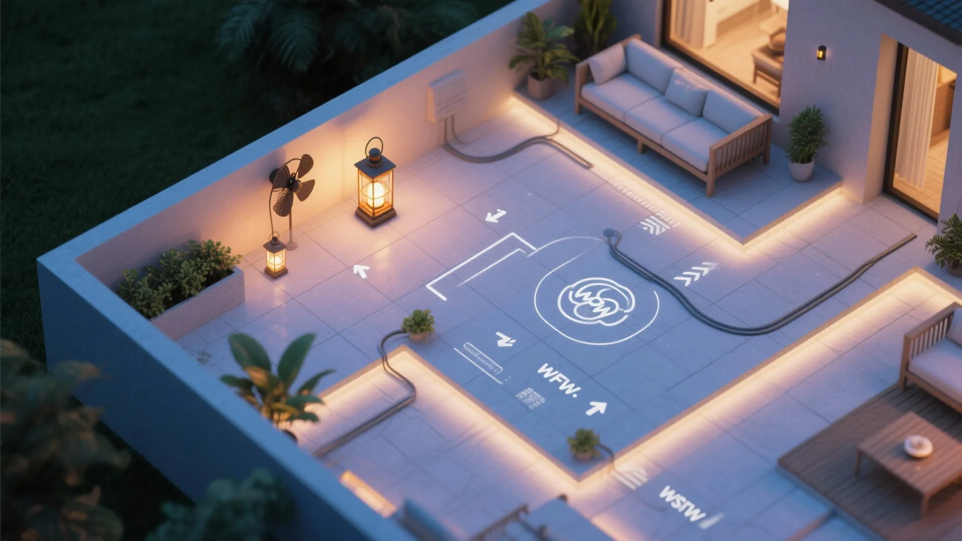 Top-down plan showing lantern, warm lighting layers, fan airflow, and cable routes on a balcony.
