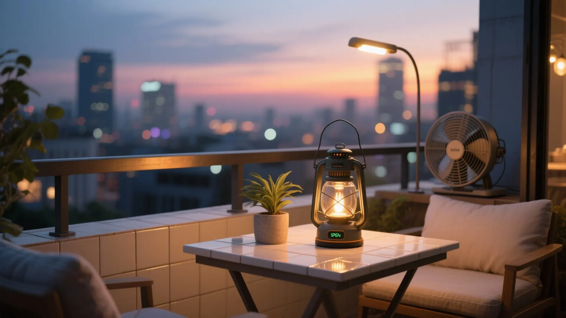 Evening balcony with warm layered lighting, rechargeable lantern, and a slim DC fan.