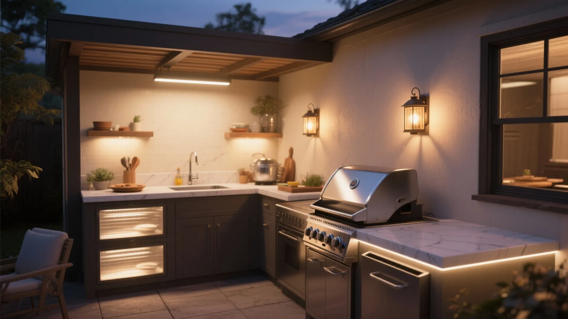 Outdoor kitchen at night with warm wall light fixtures stainless steel grill and marble countertops