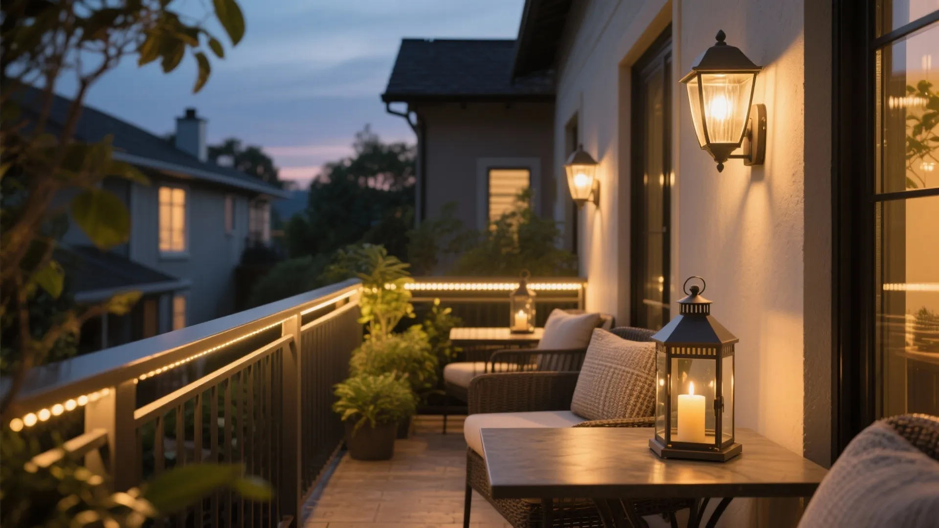 Evening balcony scene with warm wall lights candle lanterns seating area and glowing rail lights