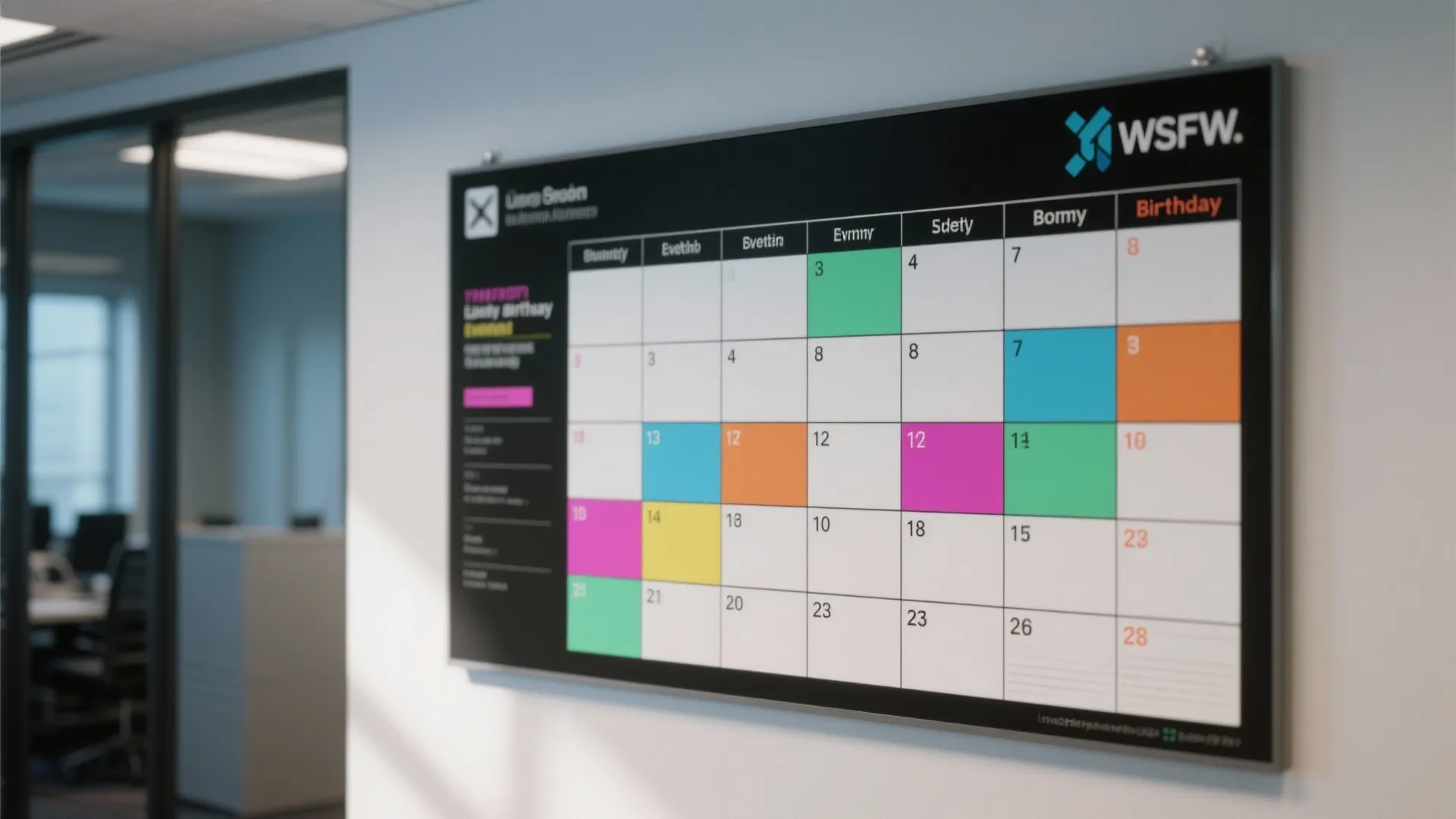 Office wall calendar showing colorful birthday events on a digital display board in a workspace