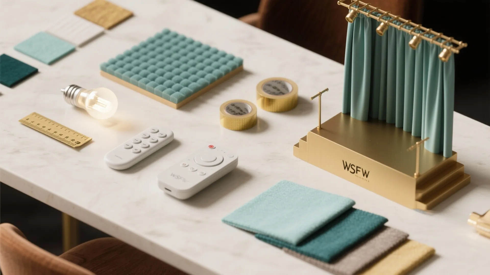 Design material layout with light bulb remotes fabric samples and a small gold stage model display