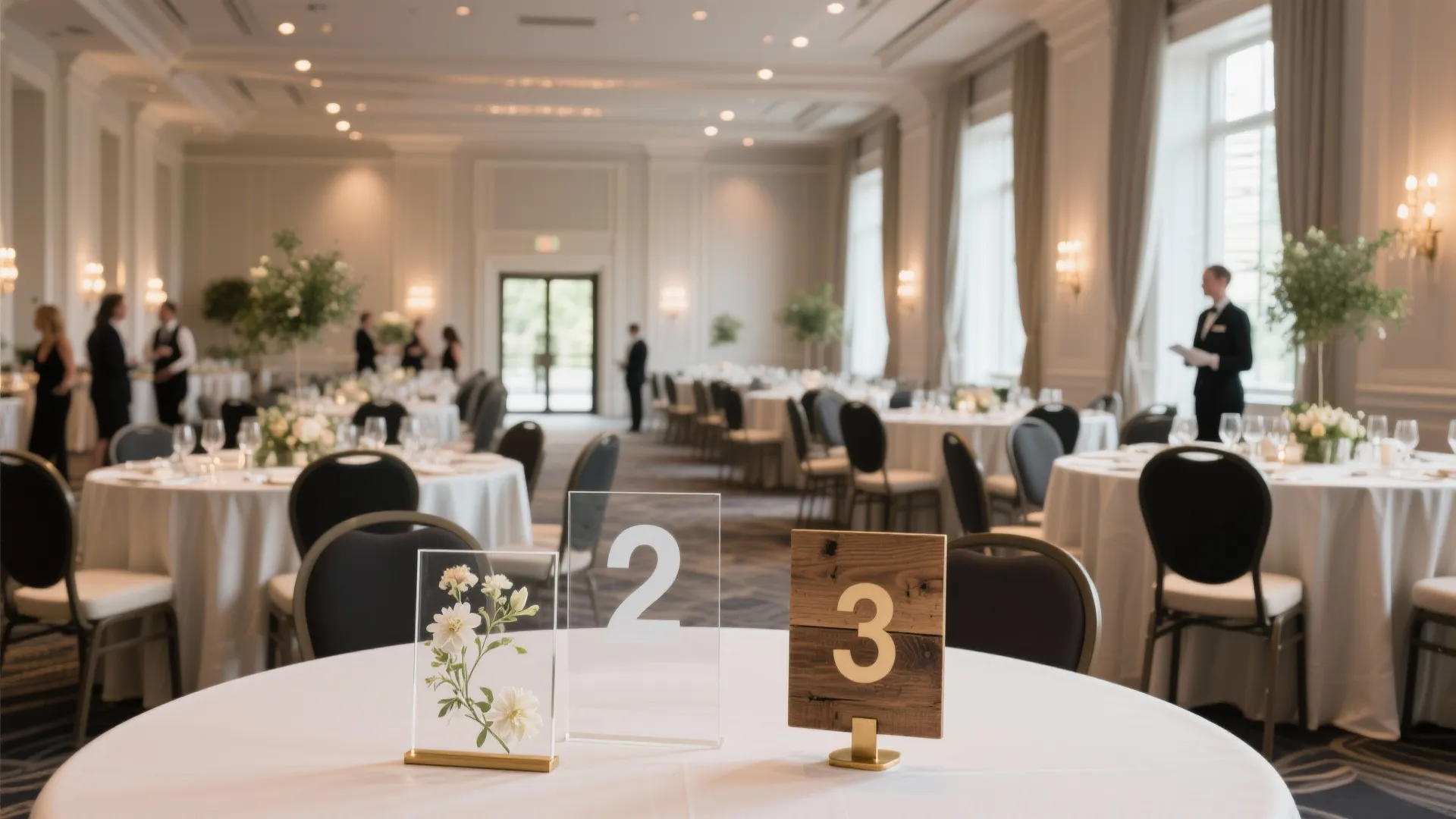 Elegant event hall with white tables black chairs flower decor and wooden table number signs