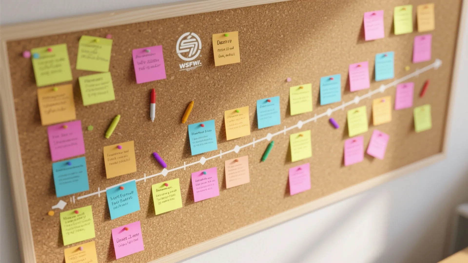 Cork board showing a project timeline with colorful sticky notes and a white arrow line