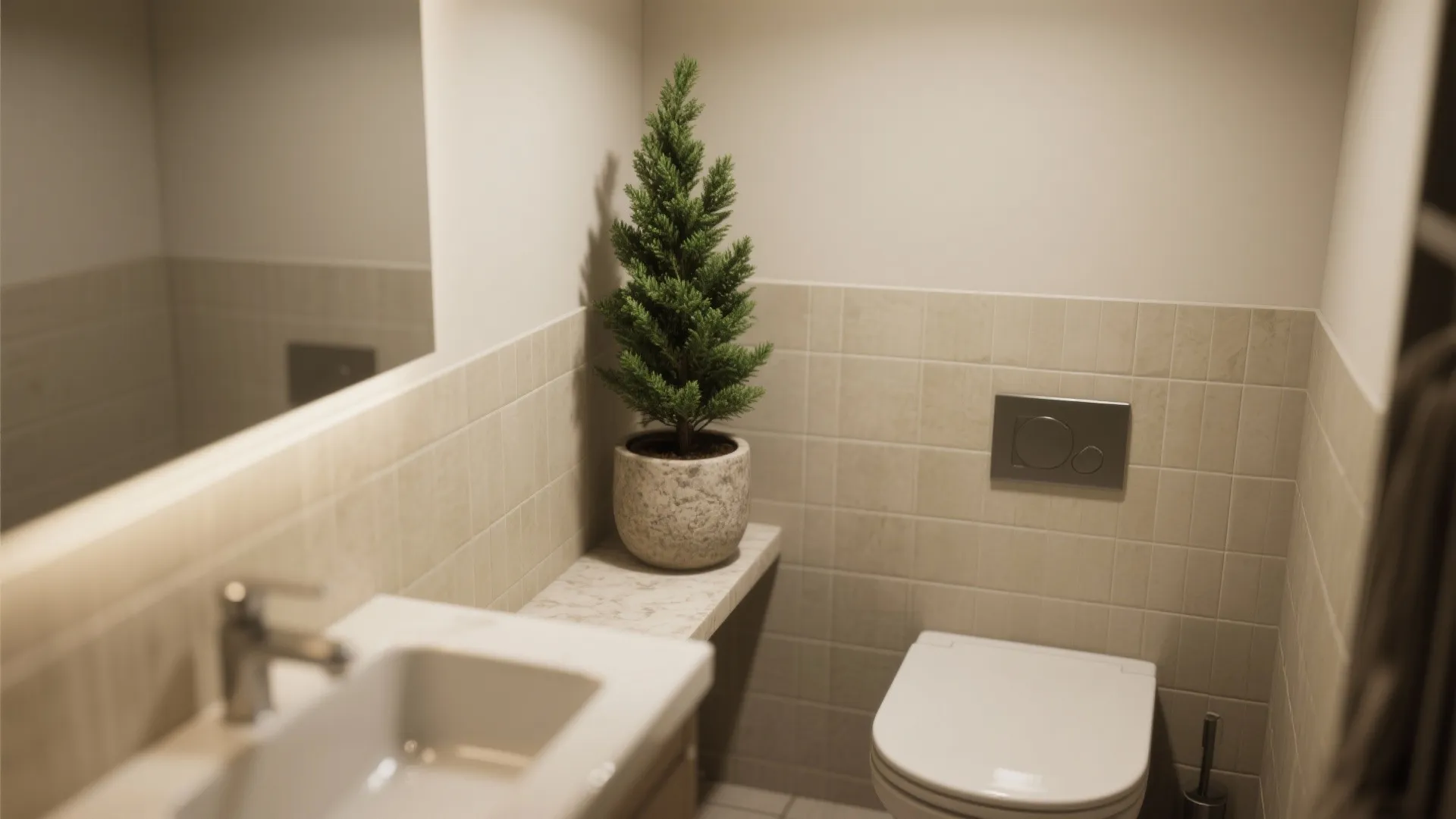 Modern bathroom interior featuring small evergreen tree in pot beside white toilet and stone sink