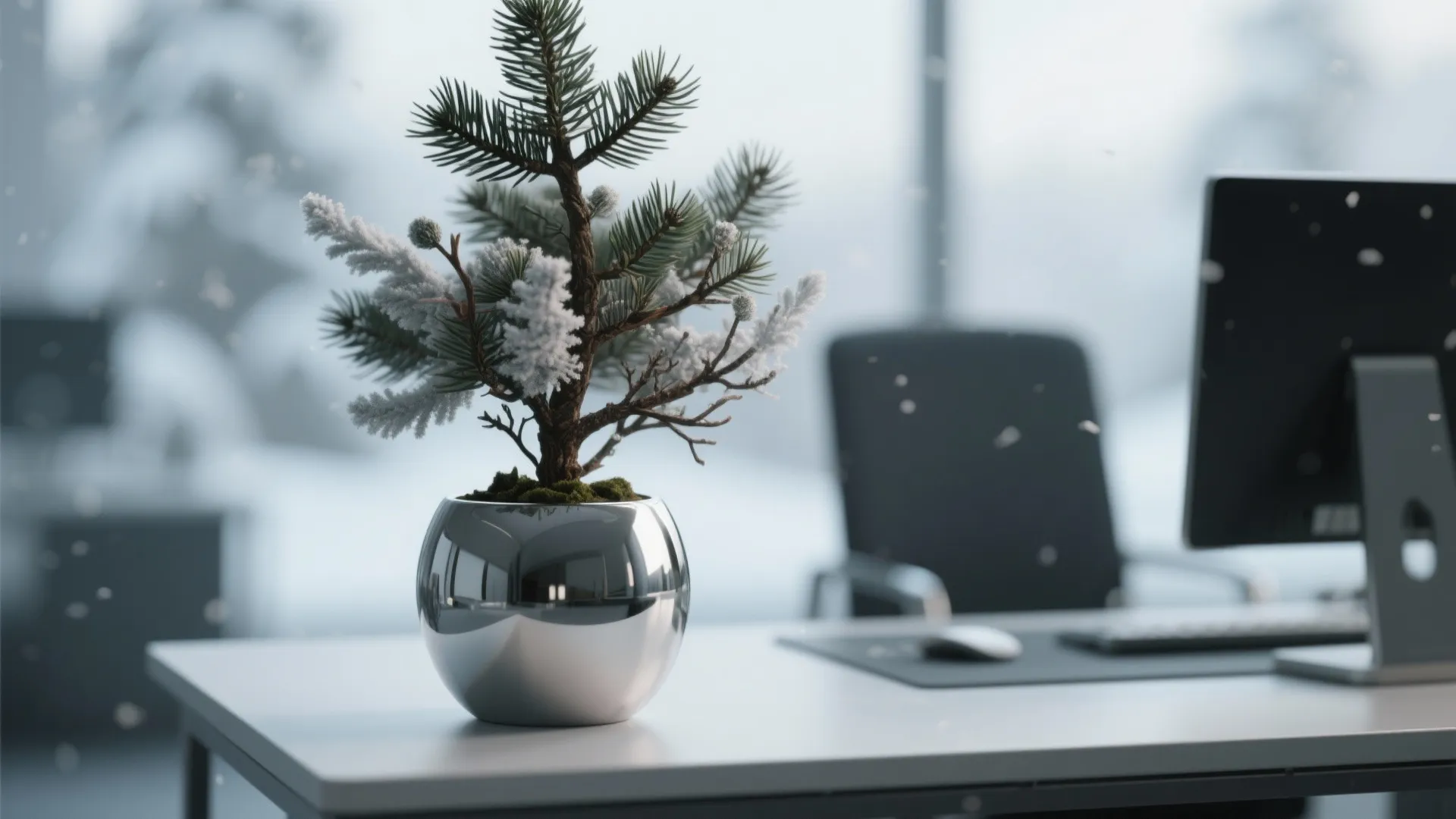 Small pine tree in silver pot on white desk with computer monitor and black chair