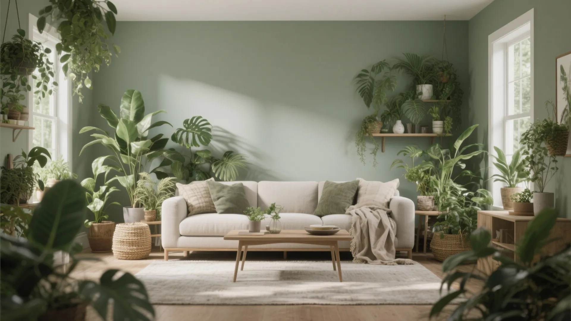 Sage green living room with white sofa, multiple indoor plants, wooden table and soft rug