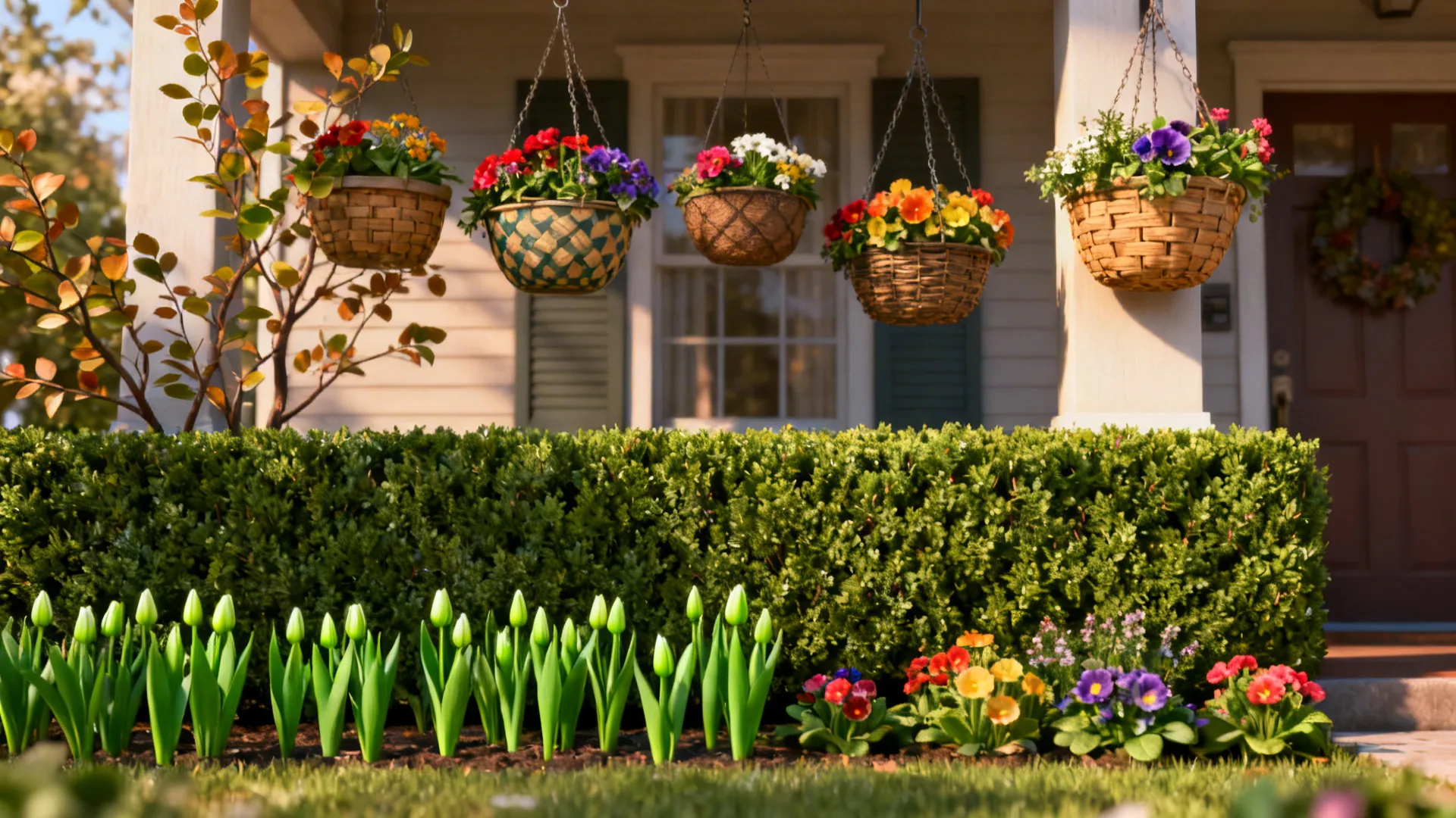 Front yard with low evergreen hedges and seasonal hanging baskets for year-round appeal.