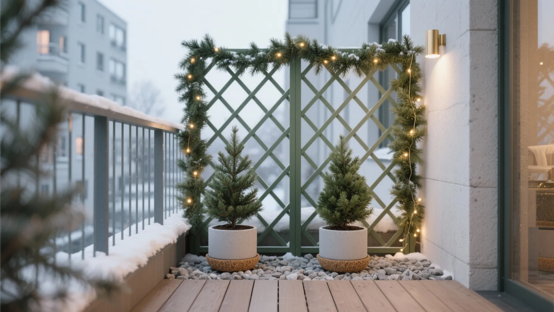 Vertical trellis with faux pine garlands and dwarf conifers in light planters on a winter balcony.