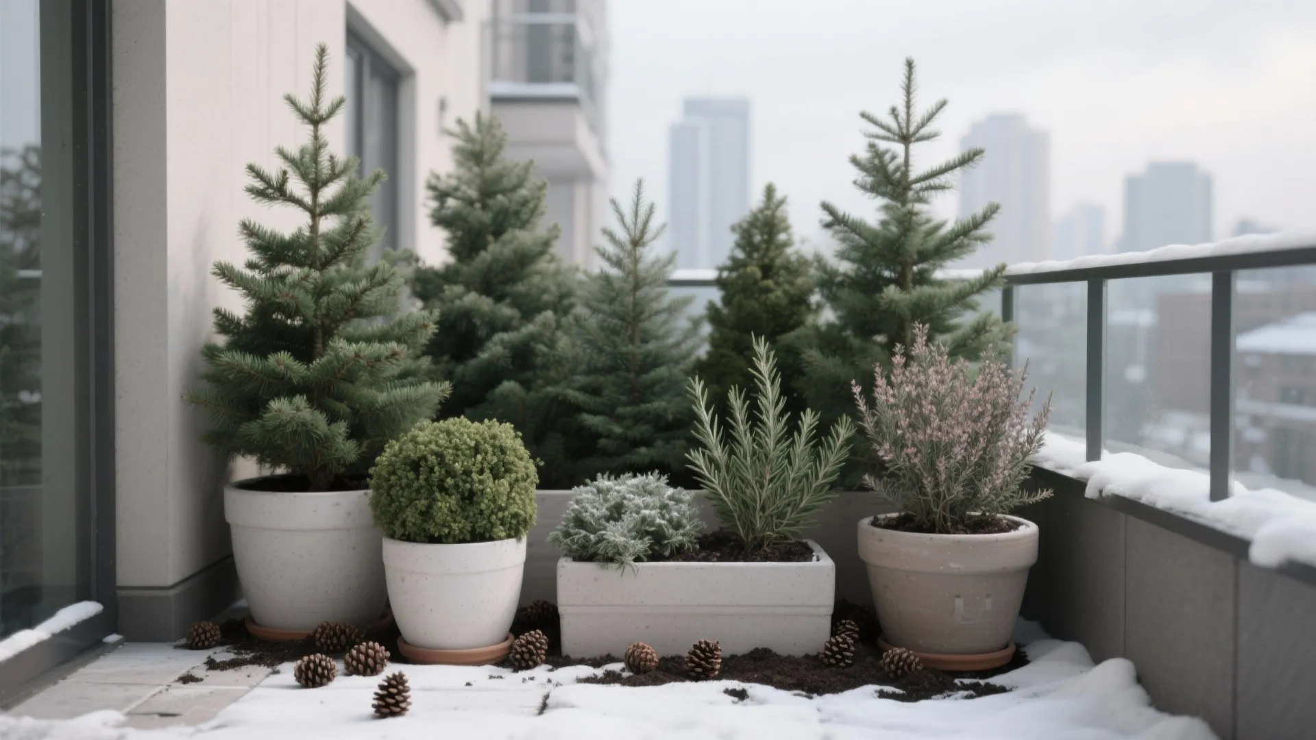 Snowy winter balcony featuring green pine trees in white pots with pine cones on the ground