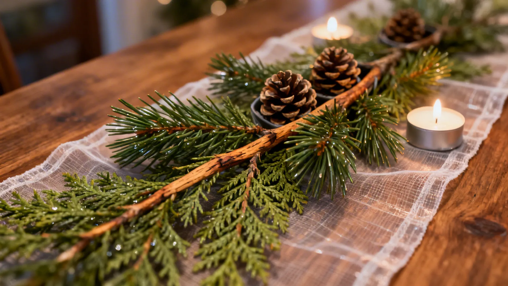 Close-up of cedar runner with pinecones and battery candles on a wooden table protector