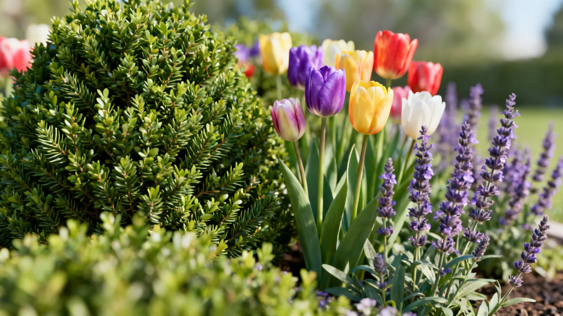 Evergreen shrubs with seasonal tulips and salvia for layered seasonal color.