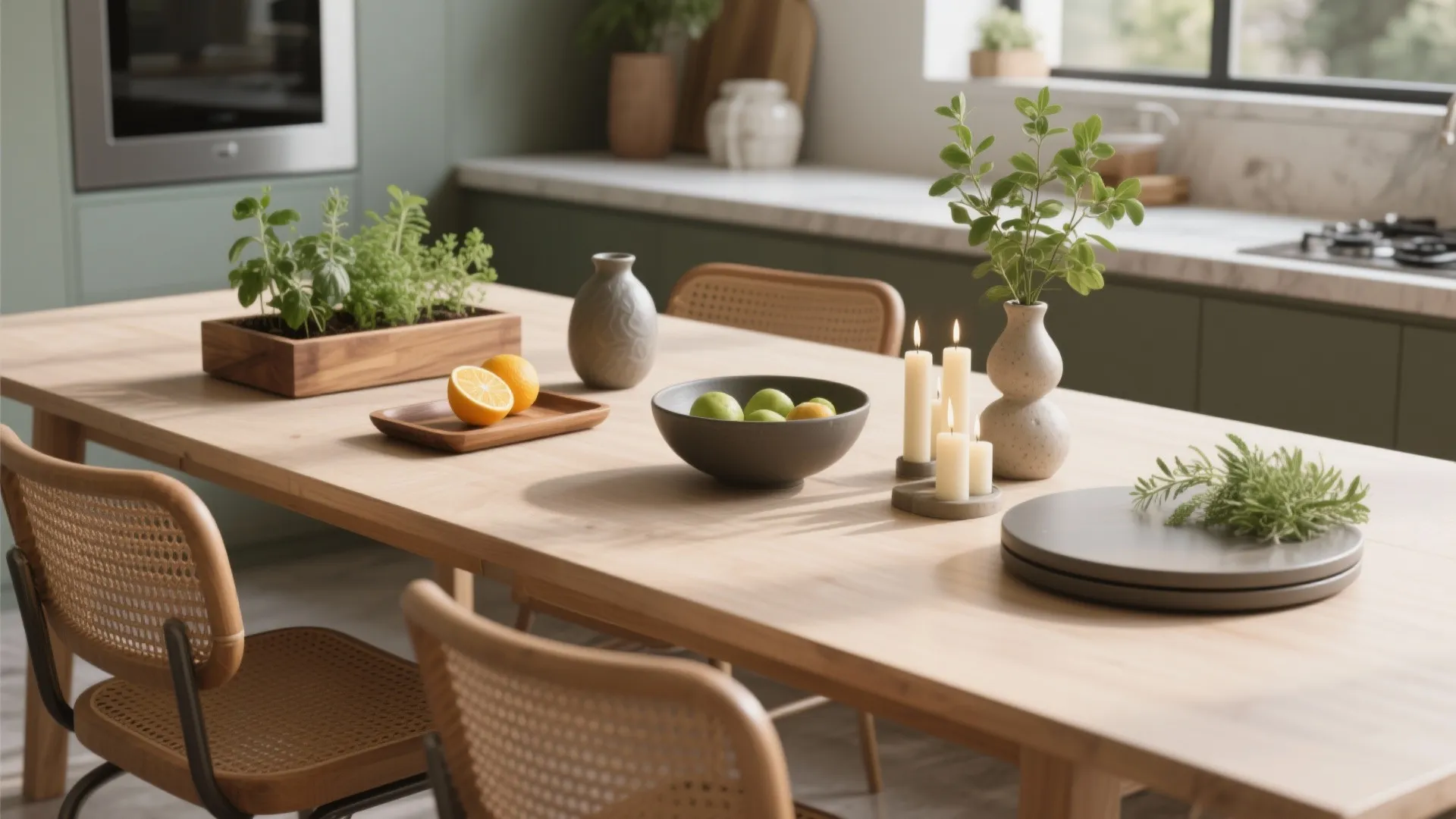 Modern wooden dining table decorated with plants lit candles fruit bowls and stylish woven chairs