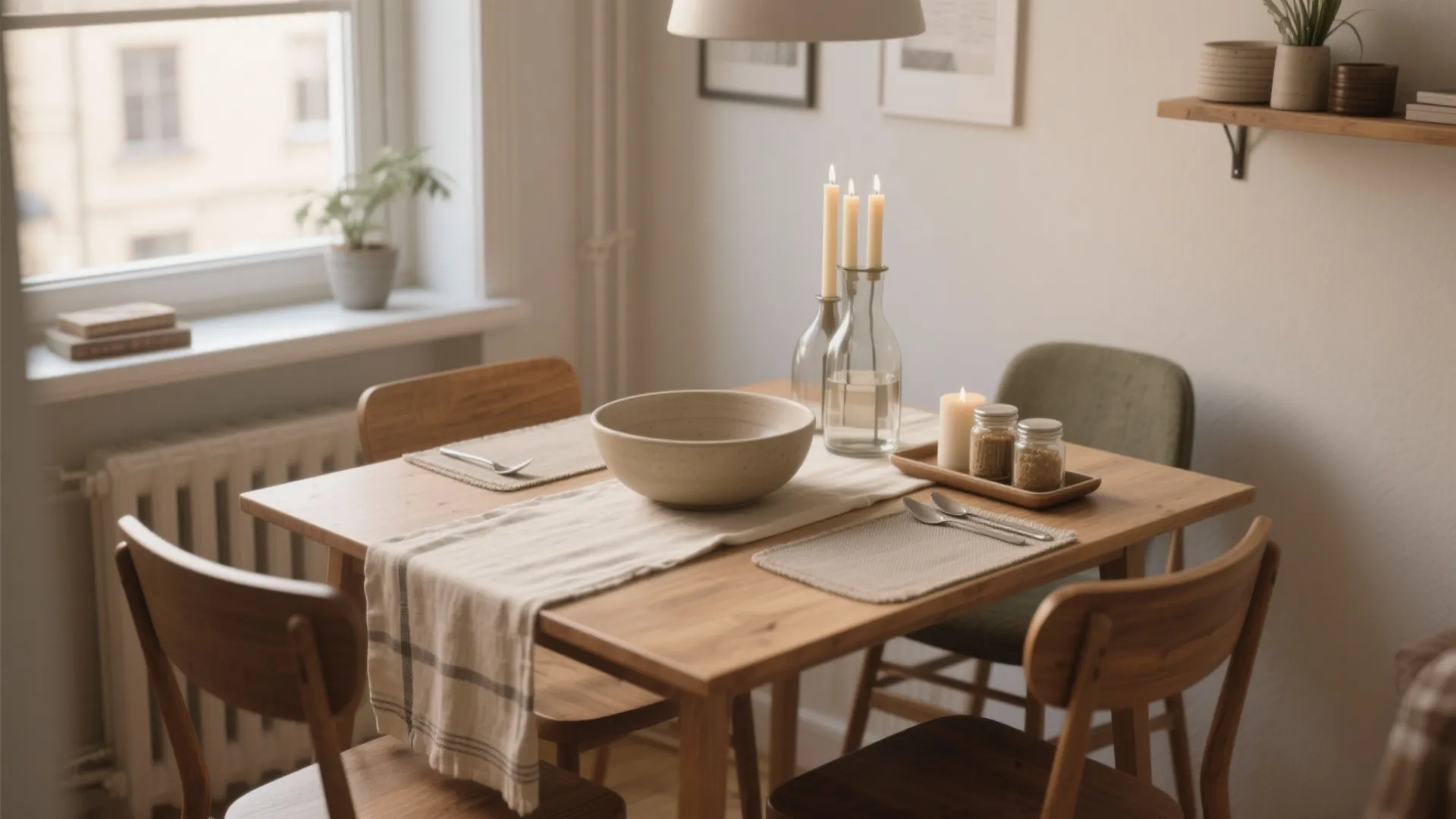 Wooden dining table with a fabric runner large bowl chairs and tall candles in bottles