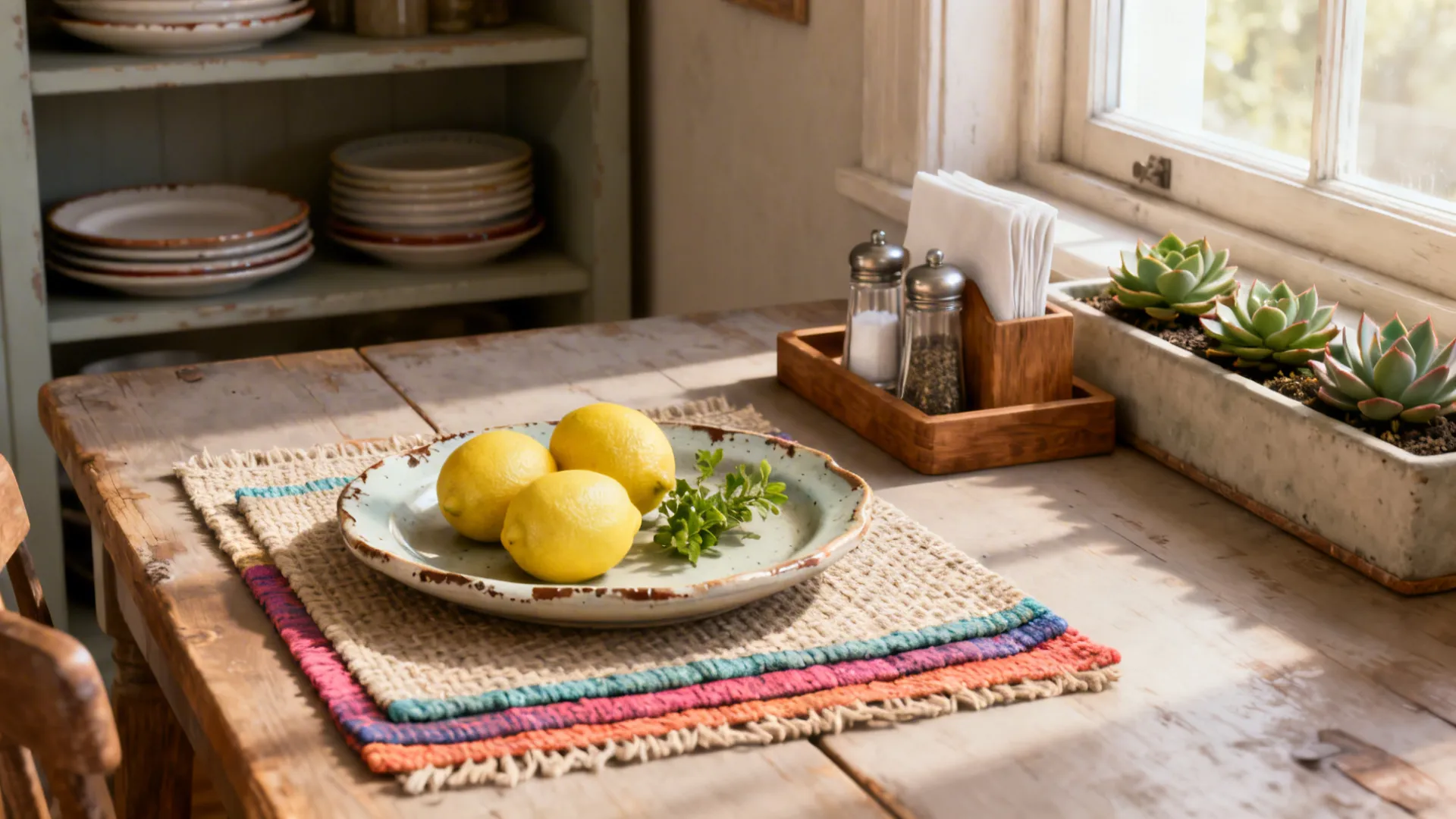 Three yellow lemons on a ceramic plate with colorful table mats on a rustic table