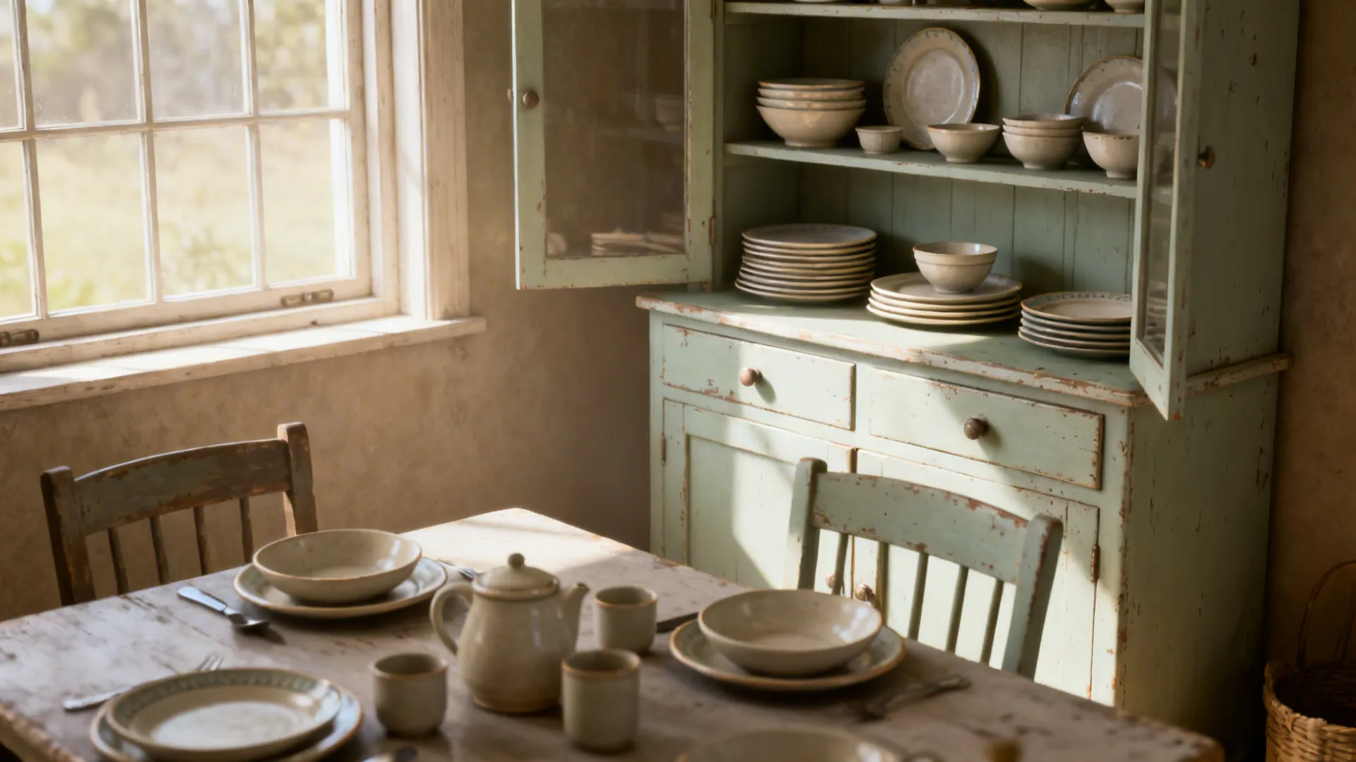 Rustic dining room with light green cabinet wooden table ceramic plates teapot and natural sunlight