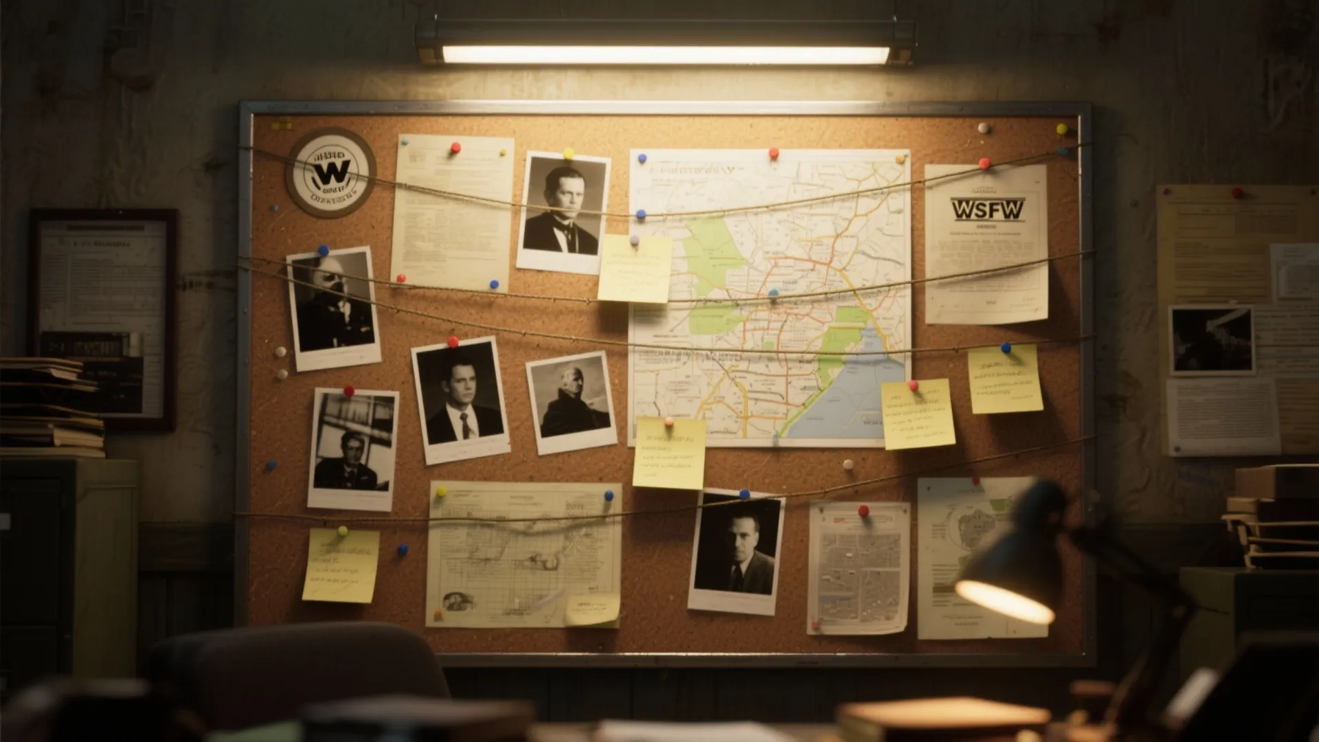 Office cork board with photos and maps connected by strings under a bright ceiling light